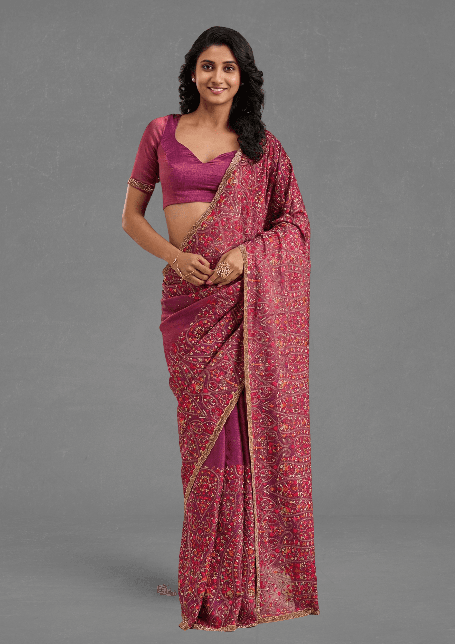 Ritual Styles Wine Floral & Paisley Embroidered Designer Saree with Embellished Border image 1
