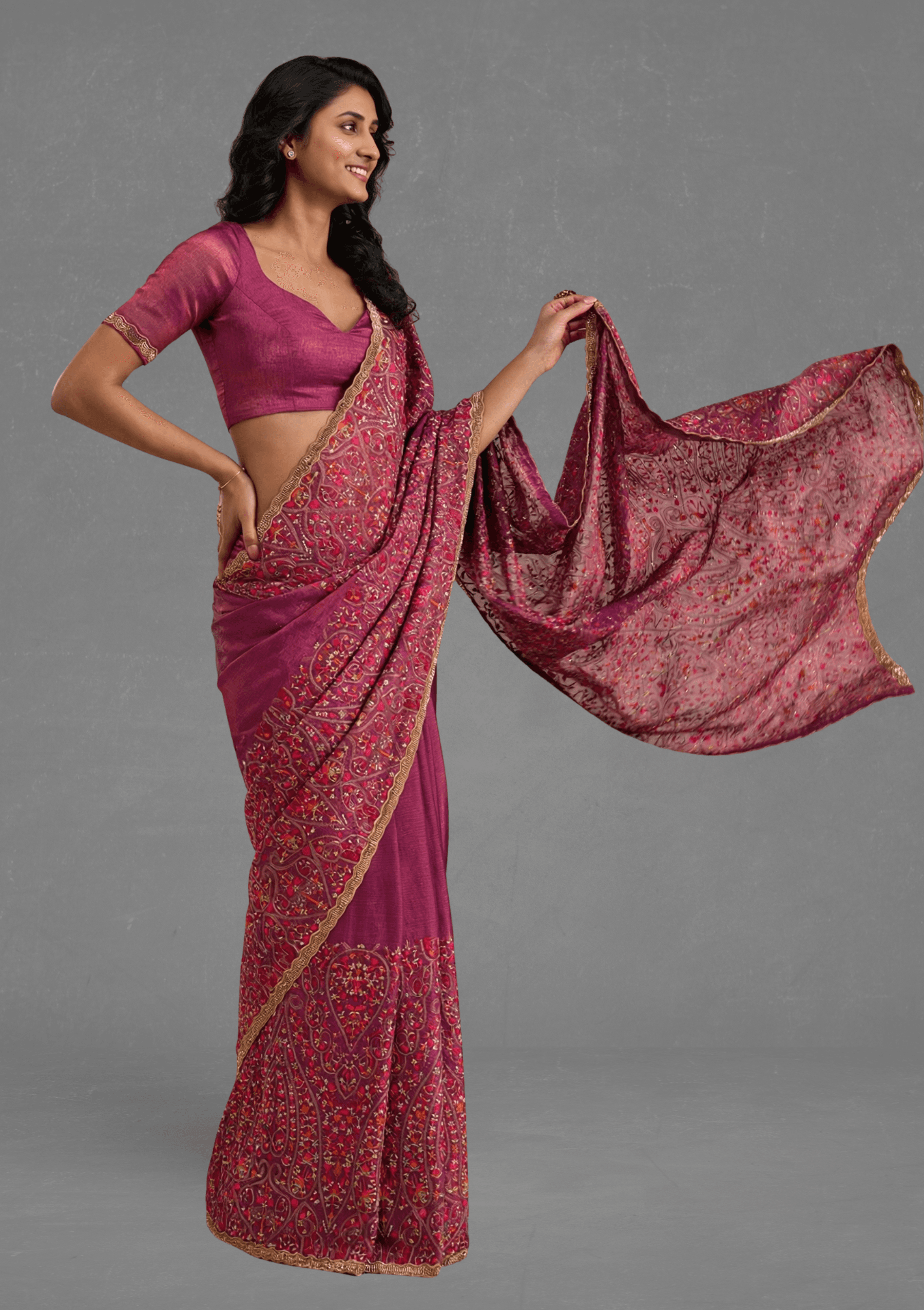 Ritual Styles Wine Floral & Paisley Embroidered Designer Saree with Embellished Border image 2