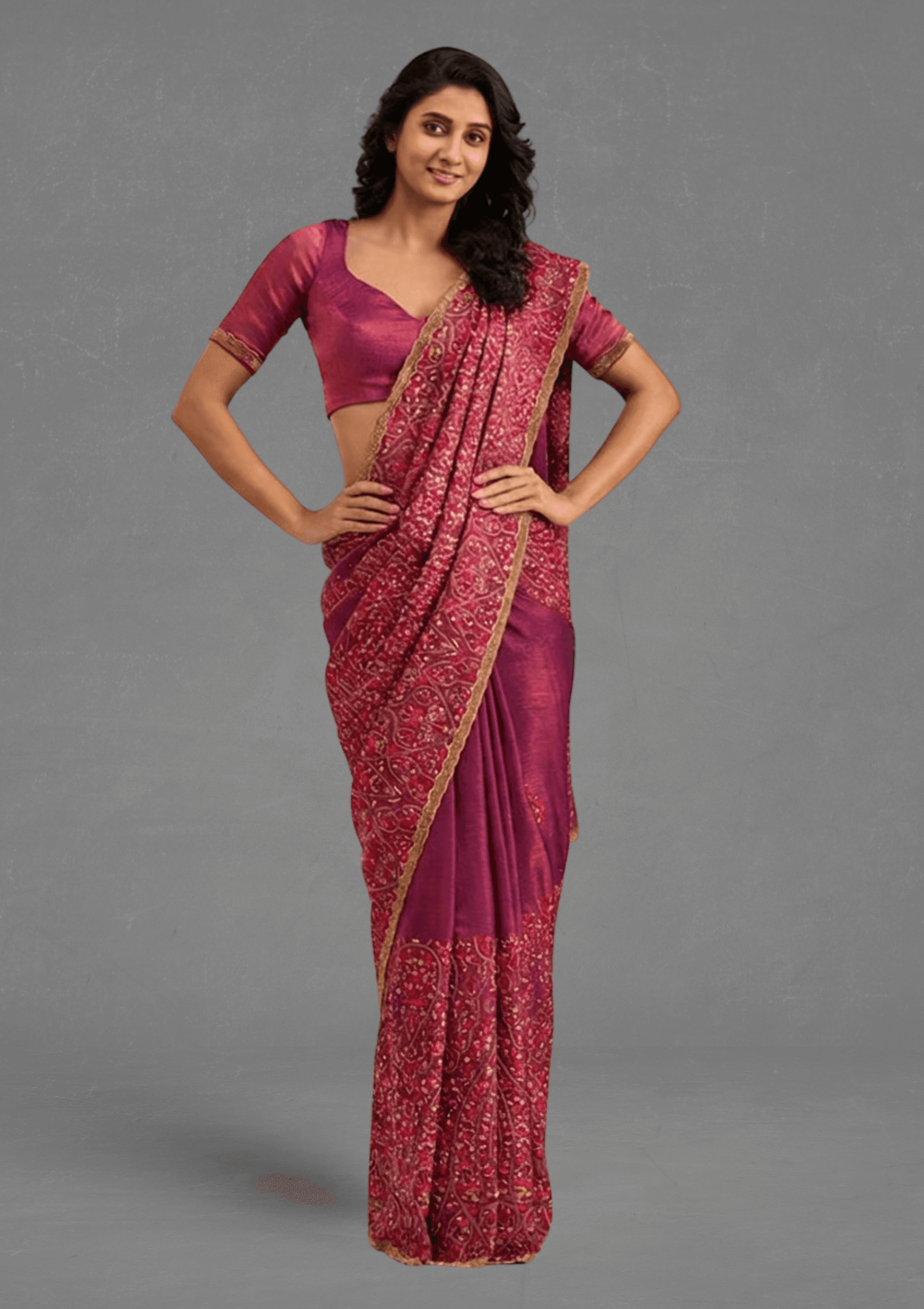 Ritual Styles Wine Floral & Paisley Embroidered Designer Saree with Embellished Border image 3