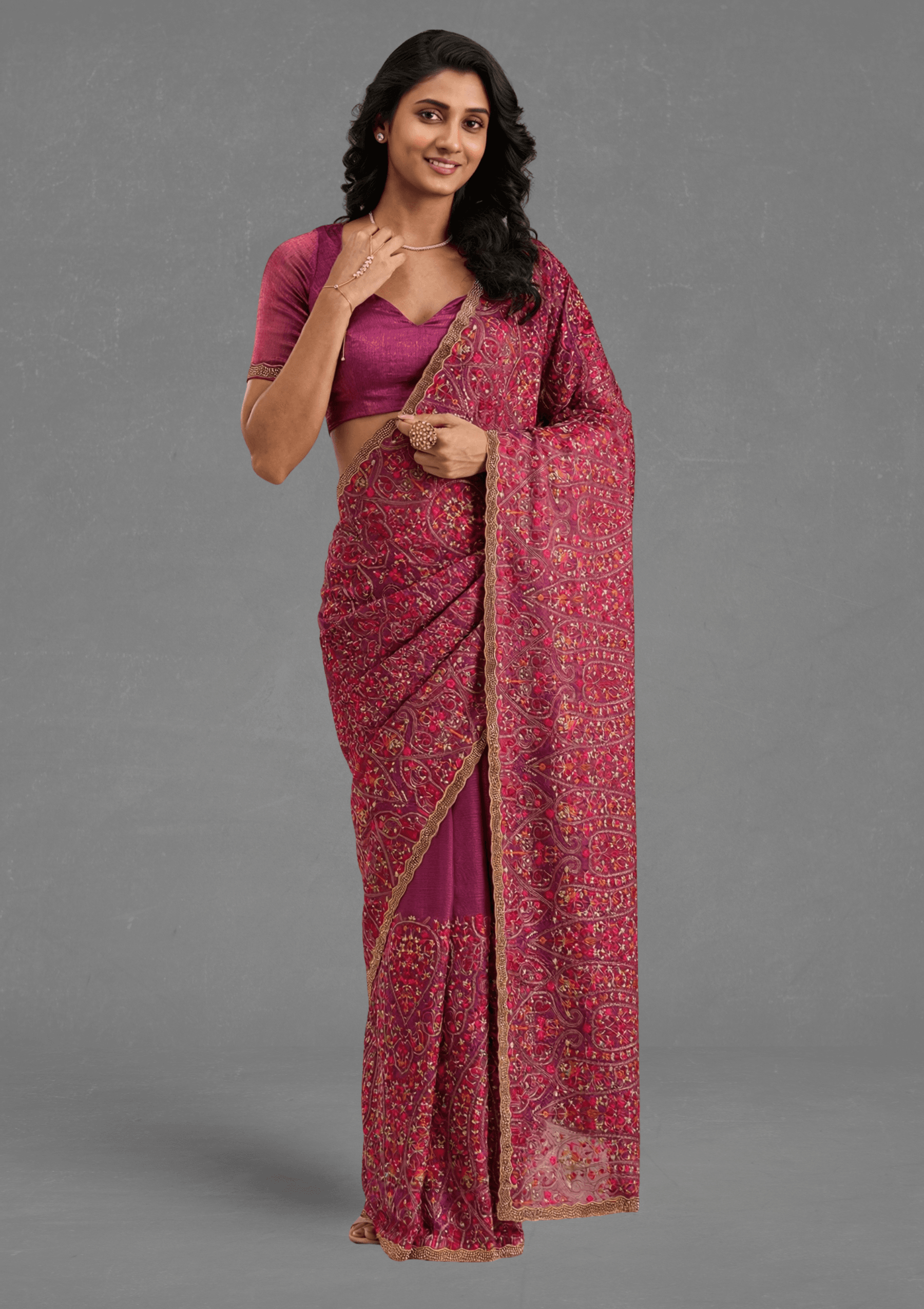 Ritual Styles Wine Floral & Paisley Embroidered Designer Saree with Embellished Border image 6