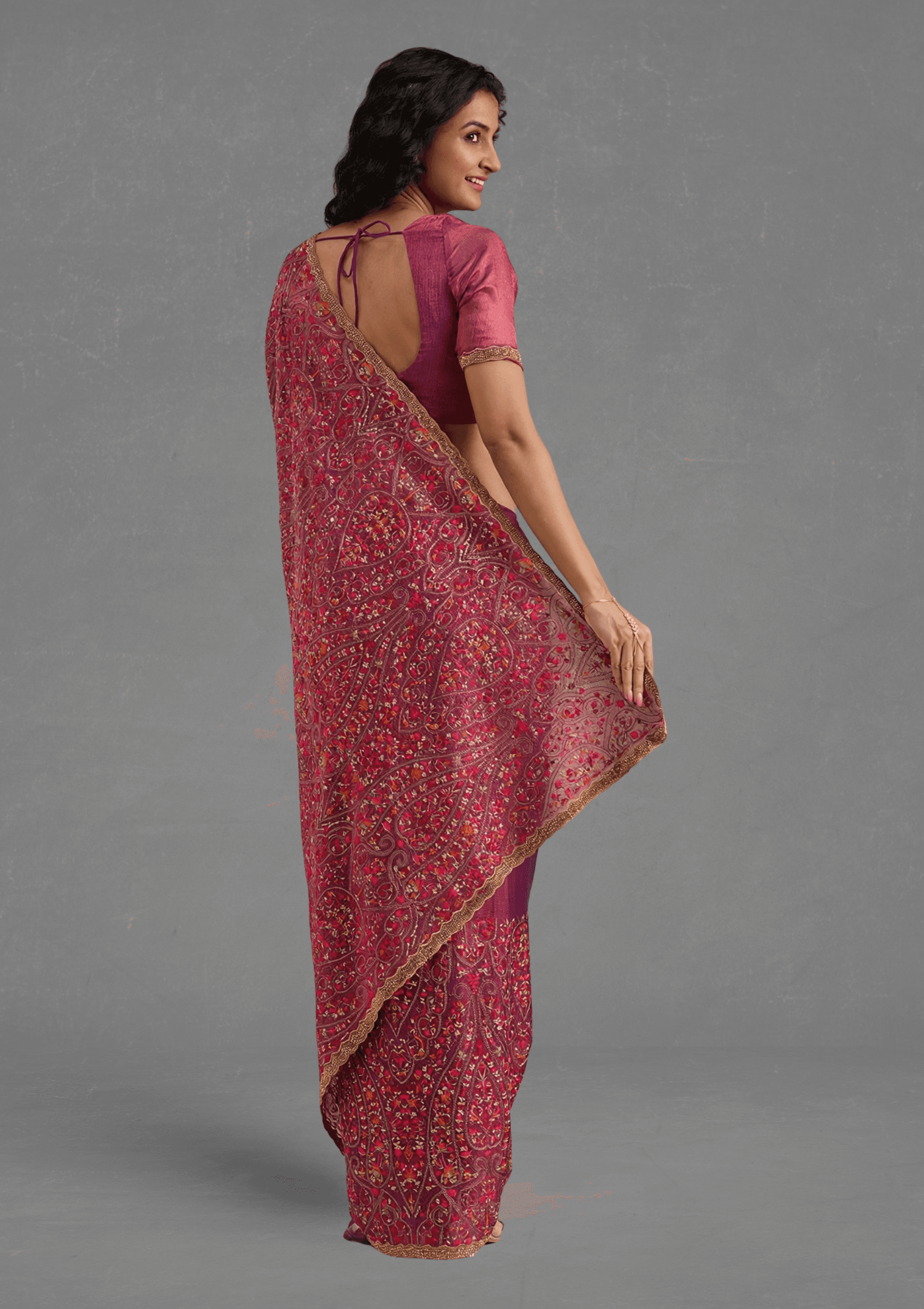 Ritual Styles Wine Floral & Paisley Embroidered Designer Saree with Embellished Border image 7