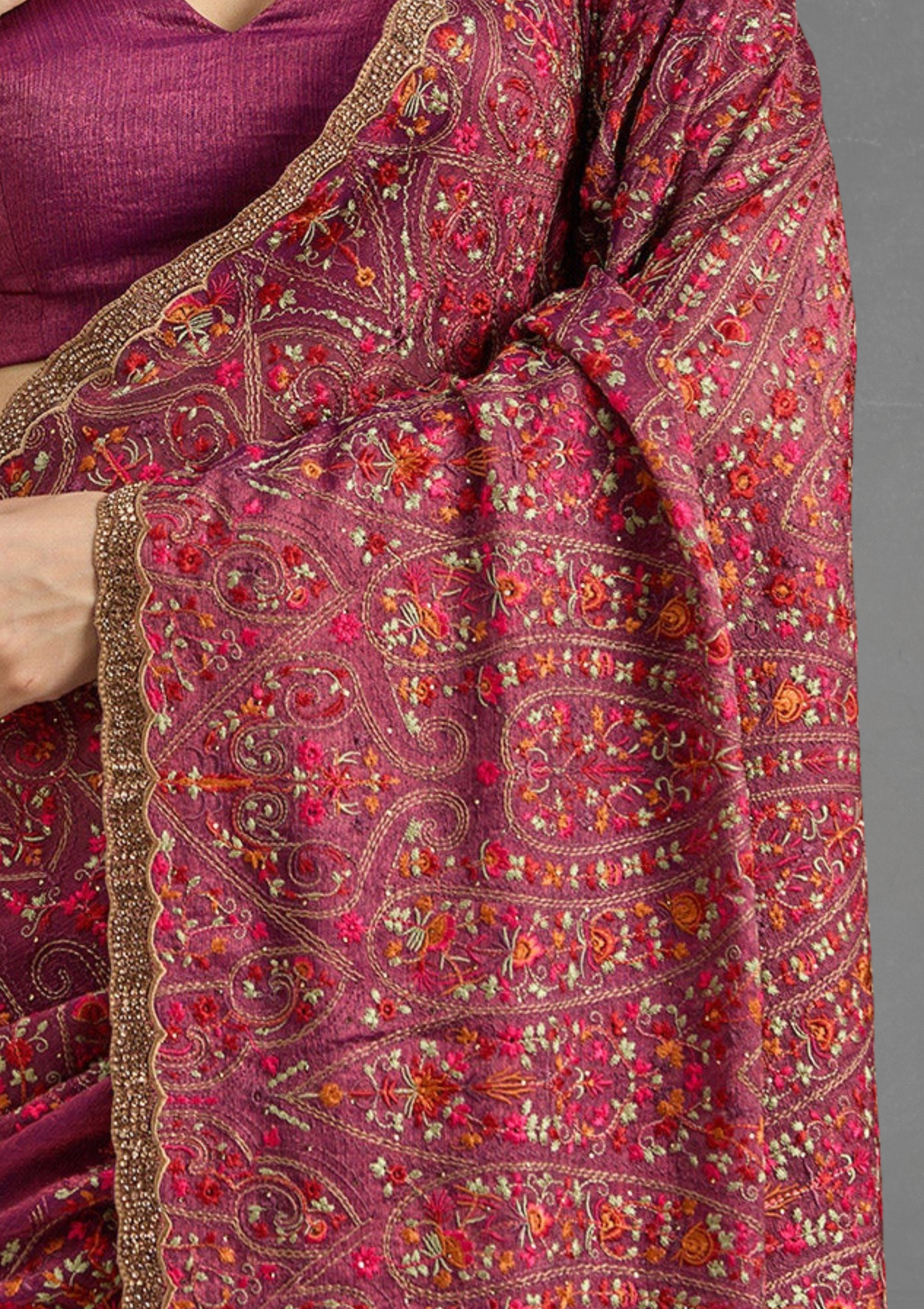 Ritual Styles Wine Floral & Paisley Embroidered Designer Saree with Embellished Border image 8
