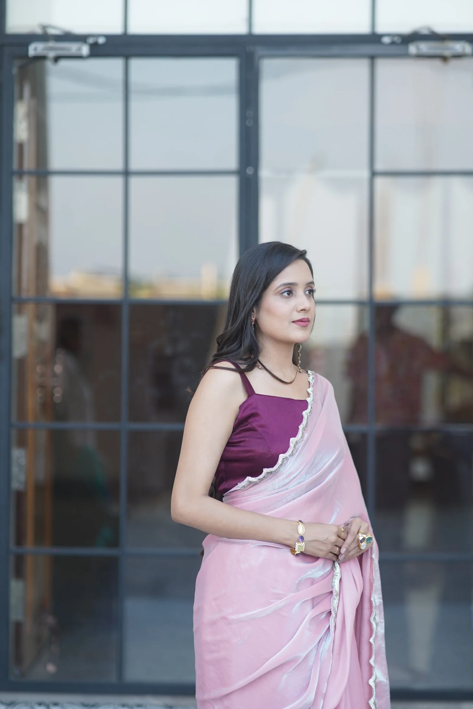 Blush Light Pink Shimmer Saree hover