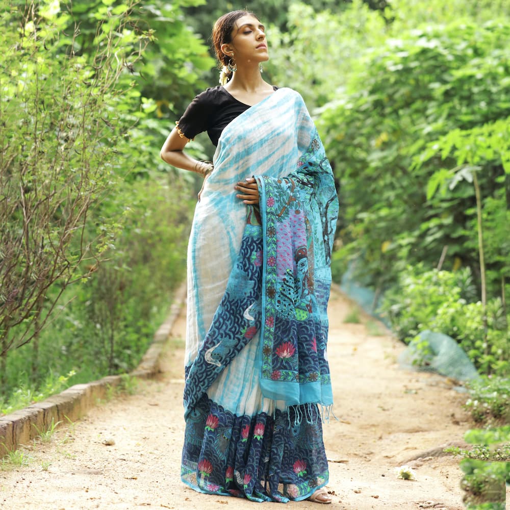 Madhubani Shibori Sky Blue Hand-Painted Linen Saree