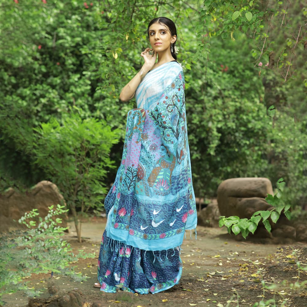 Madhubani Shibori Sky Blue Hand-Painted Linen Saree hover