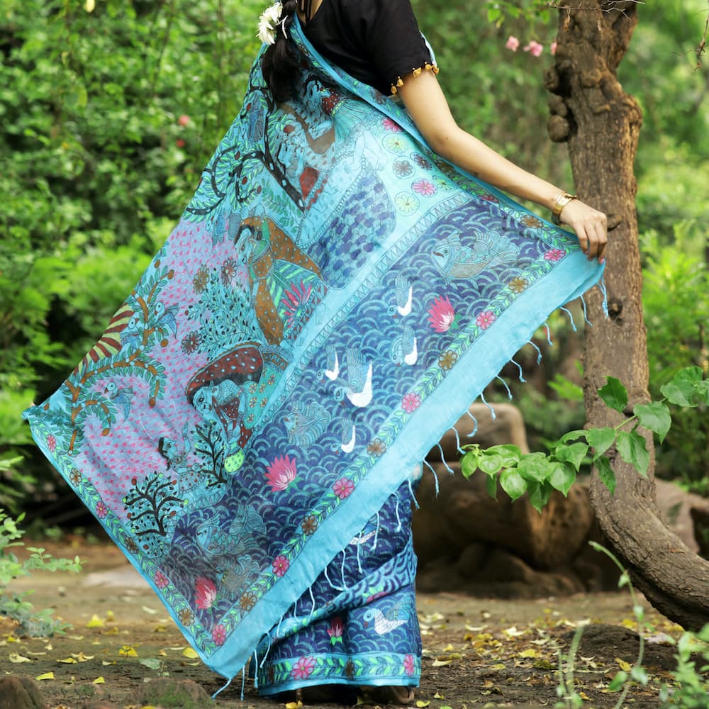 Madhubani Shibori Sky Blue Hand-Painted Linen Saree image 3