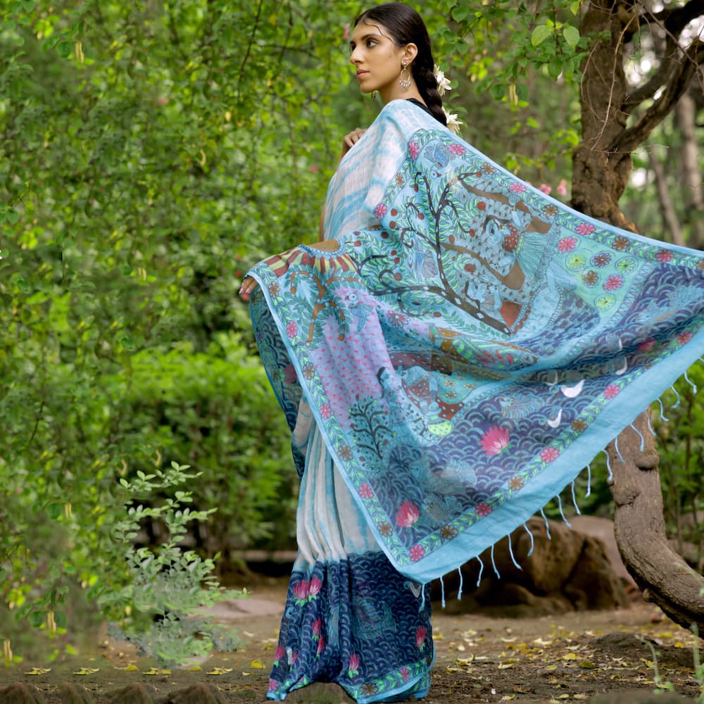 Madhubani Shibori Sky Blue Hand-Painted Linen Saree image 4