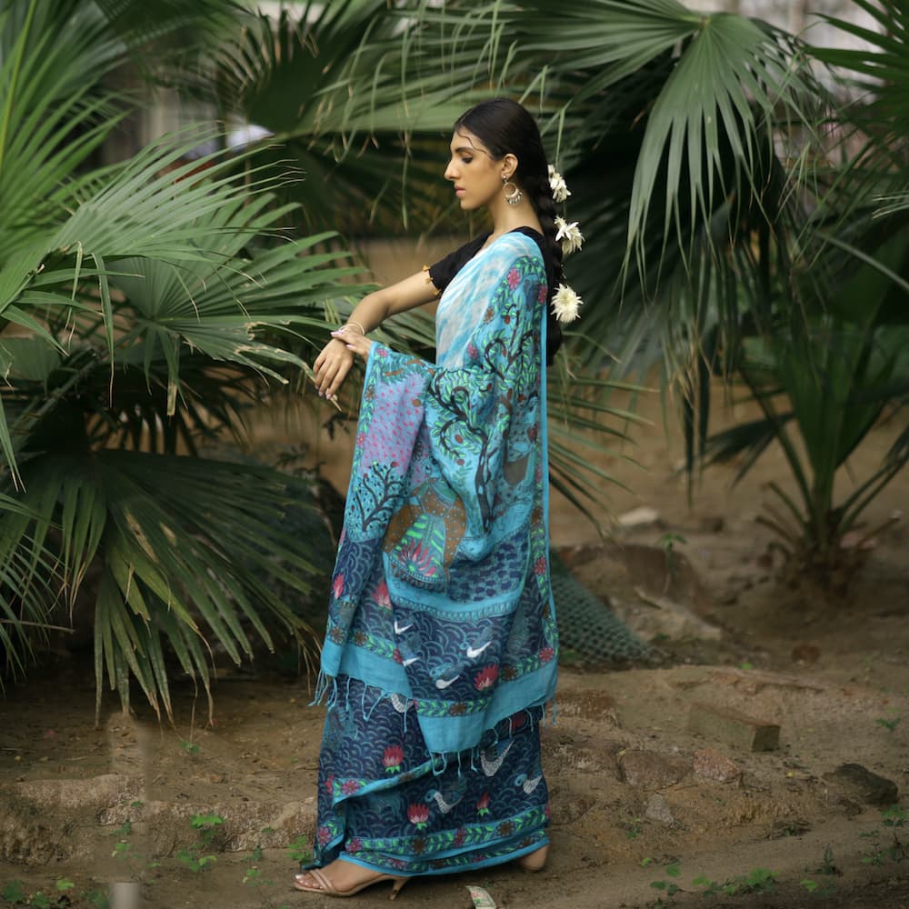 Madhubani Shibori Sky Blue Hand-Painted Linen Saree image 5