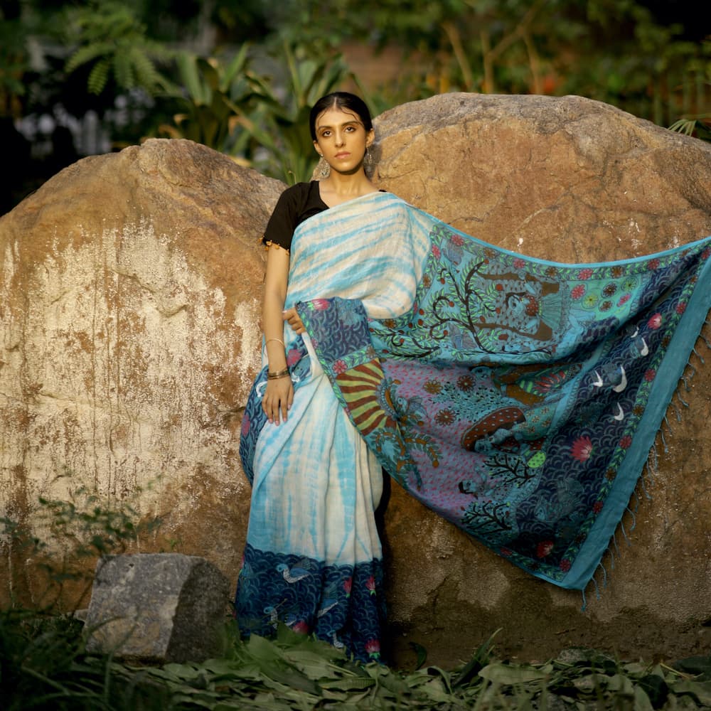 Madhubani Shibori Sky Blue Hand-Painted Linen Saree image 6