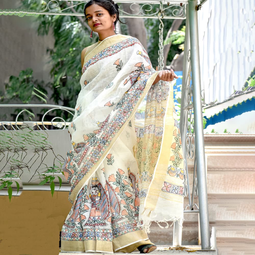 Madhubani Hand-Painted Linen Saree image 3