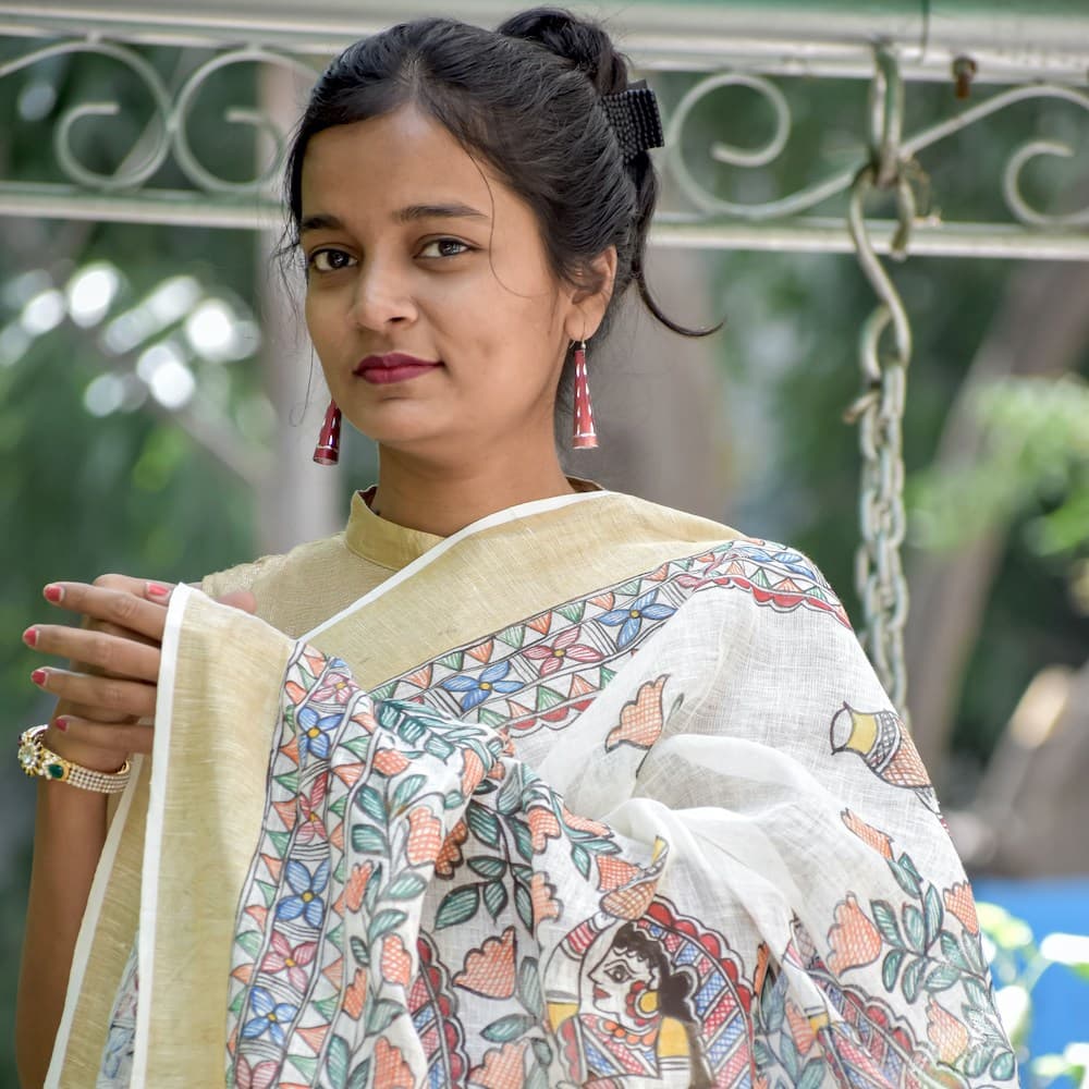 Madhubani Hand-Painted Linen Saree image 4