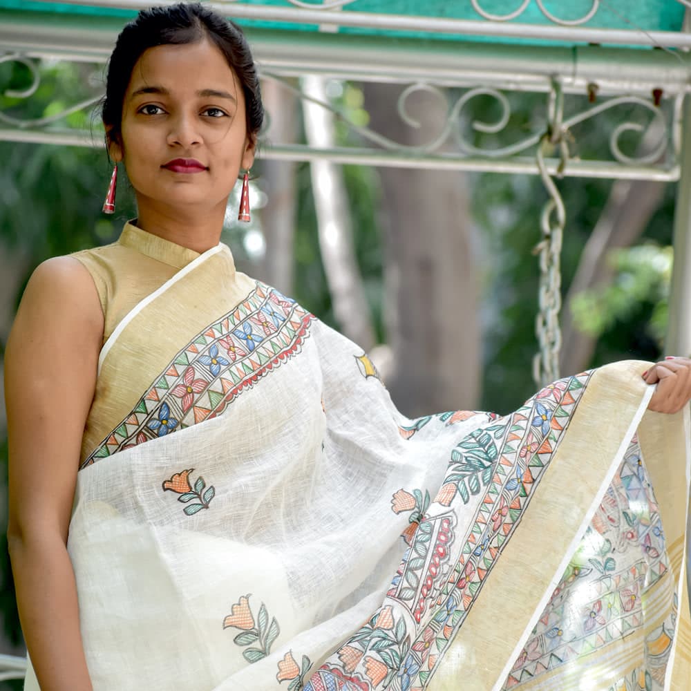 Madhubani Hand-Painted Linen Saree image 5