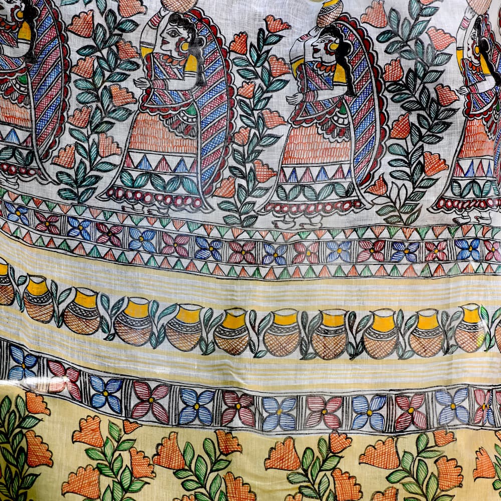 Madhubani Hand-Painted Linen Saree image 6
