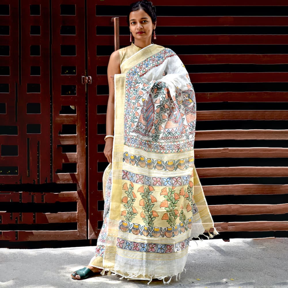 Madhubani Hand-Painted Linen Saree image 7