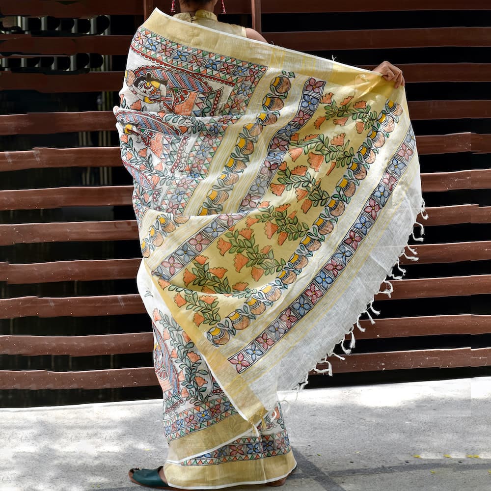 Madhubani Hand-Painted Linen Saree image 8