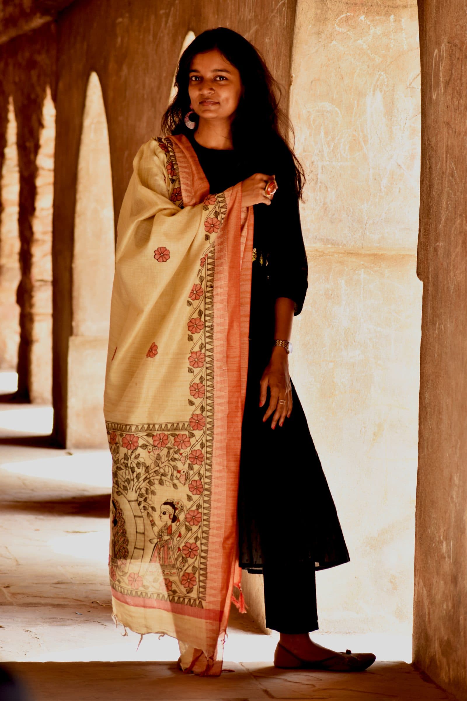 Madhubani Handpainted Black-Red Cotton Dupatta image 4