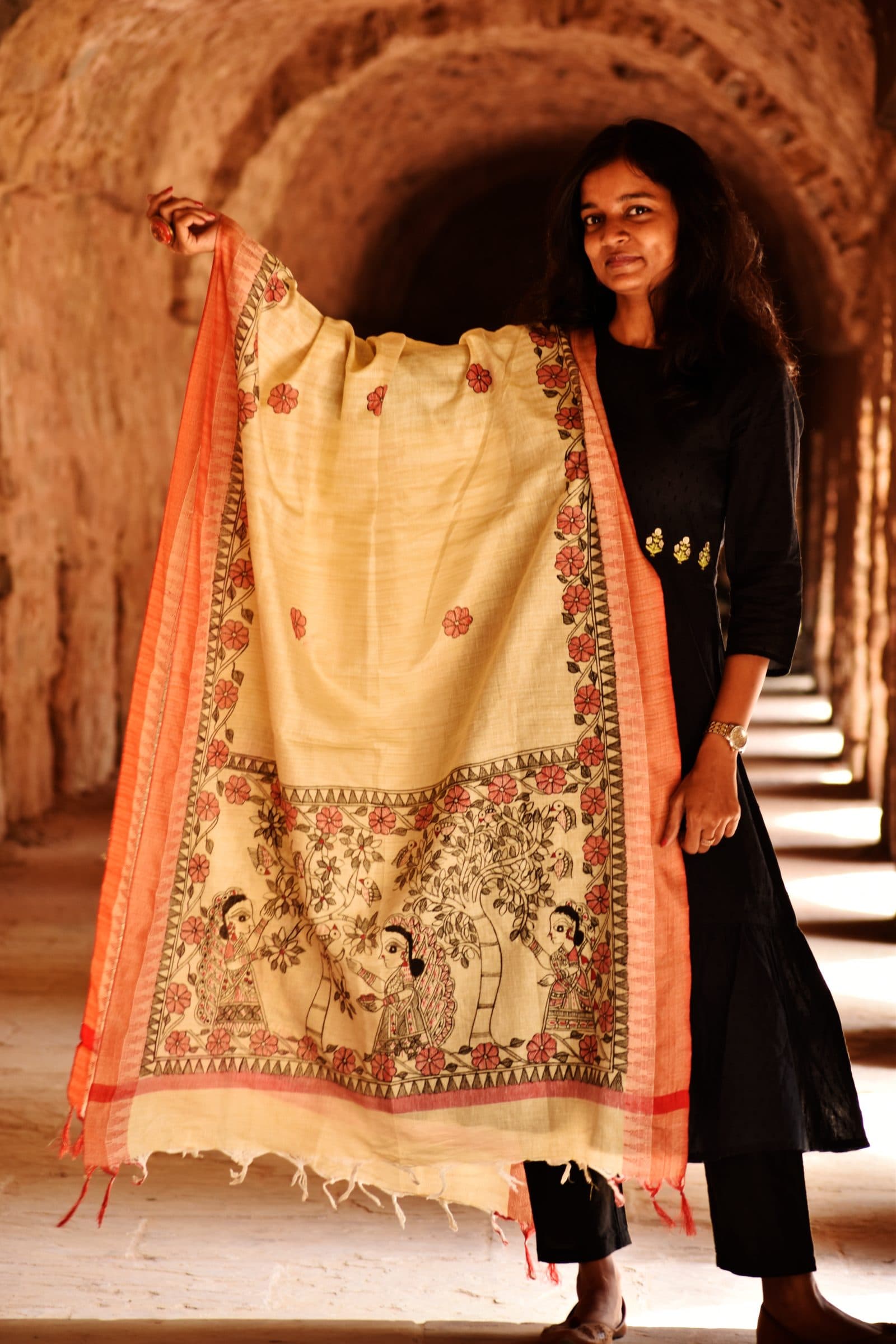 Madhubani Handpainted Black-Red Cotton Dupatta image 1