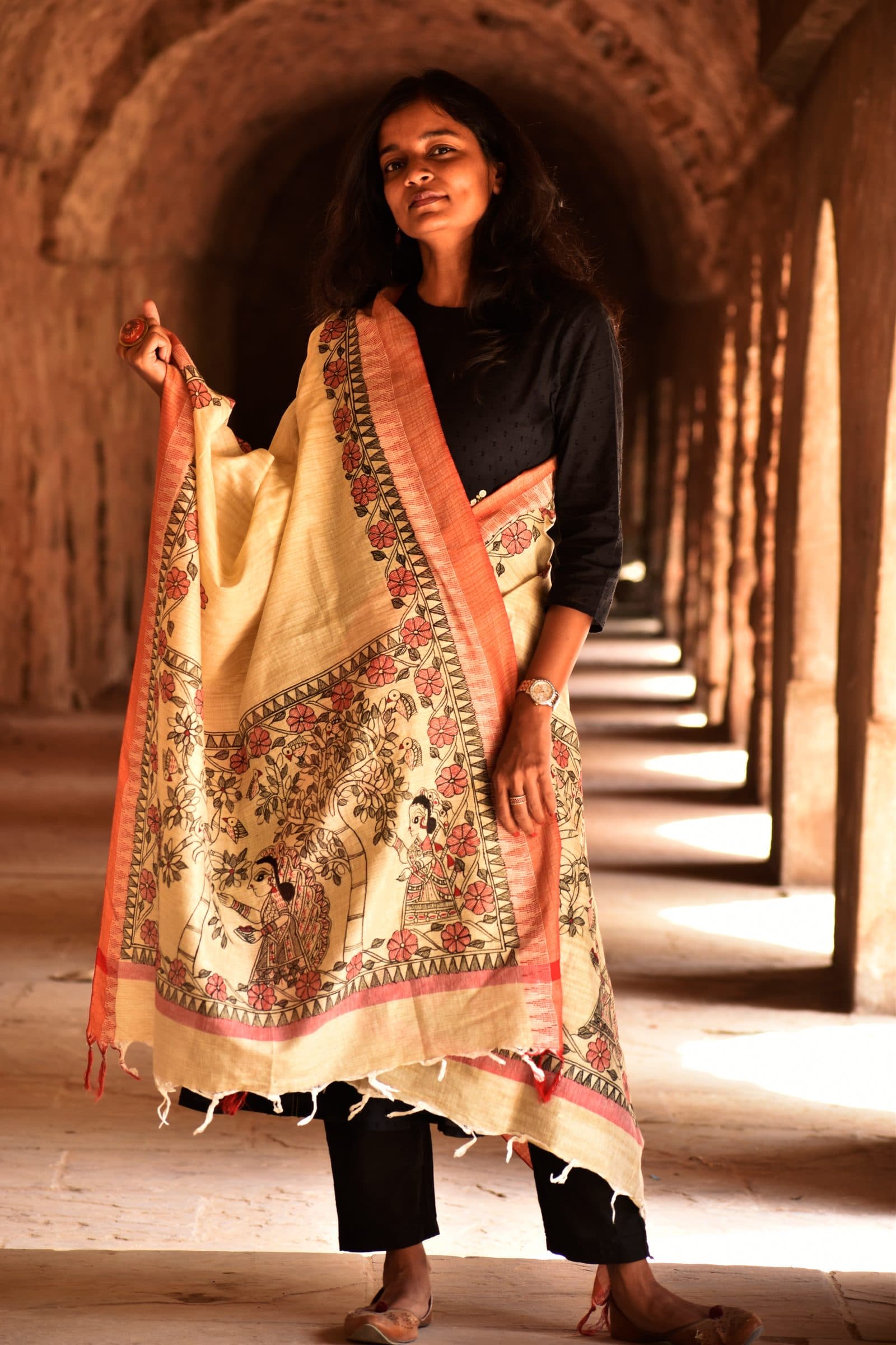 Madhubani Handpainted Black-Red Cotton Dupatta image 2