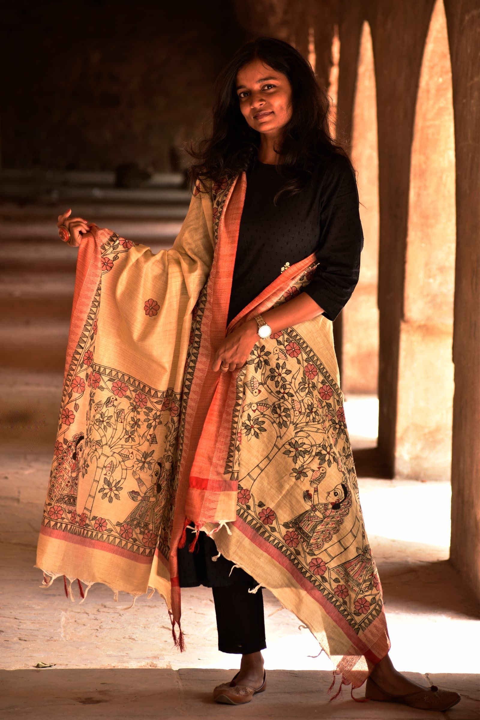 Madhubani Handpainted Black-Red Cotton Dupatta image 3