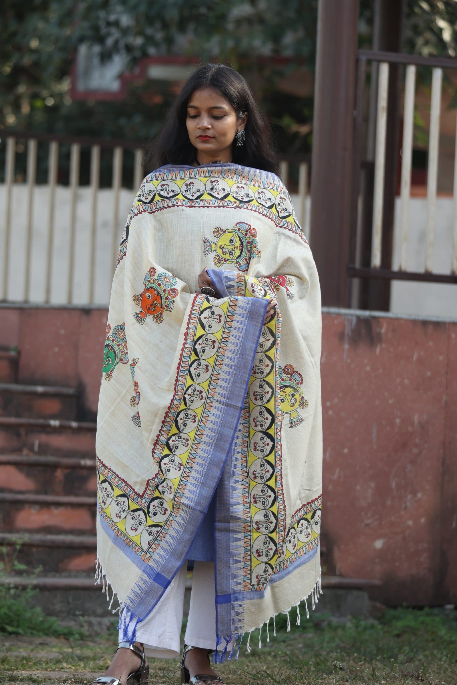 Madhubani Divine Hand-Painted Cotton Dupatta image 2