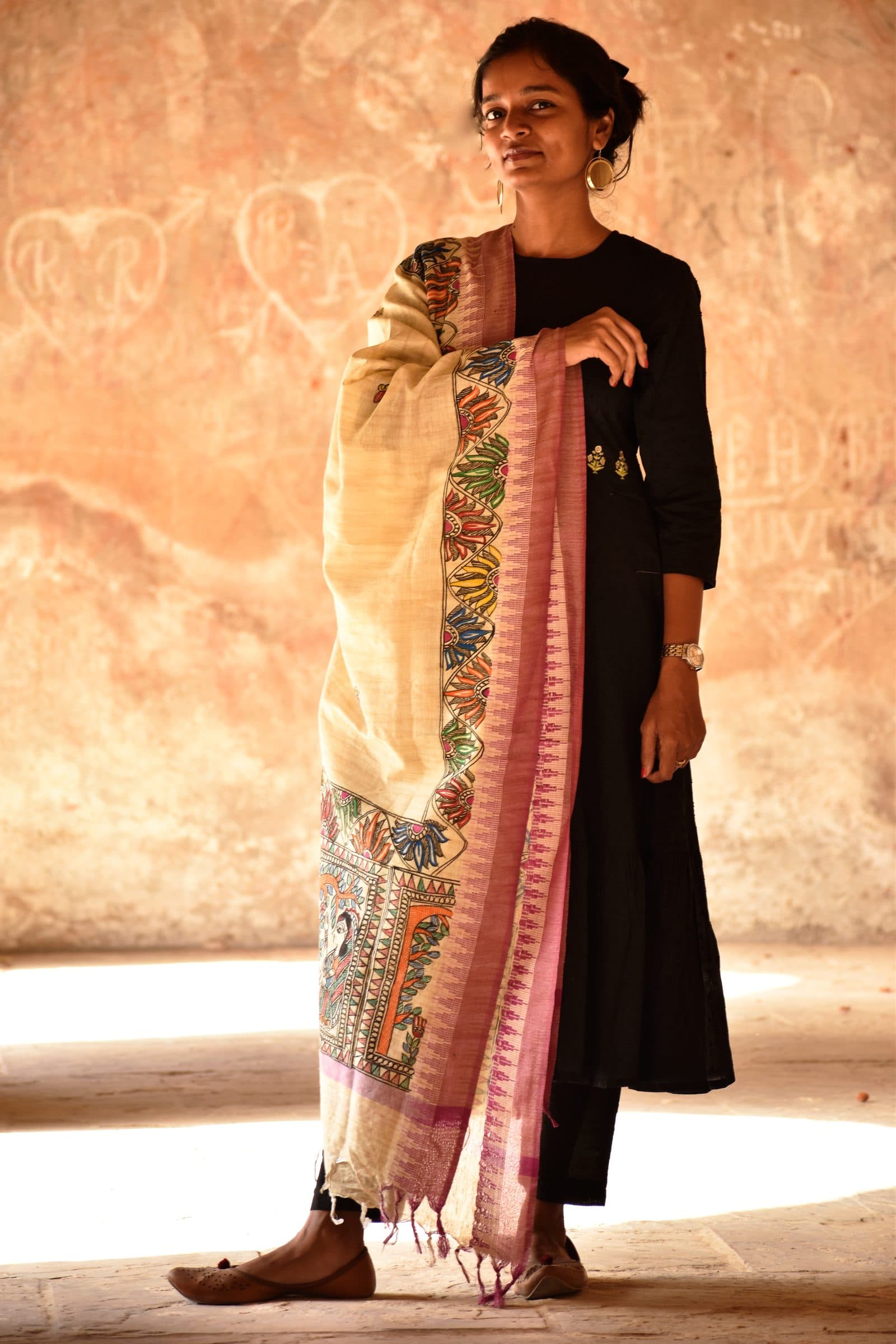 Madhubani Harini Hand-Painted Cotton Dupatta image 1