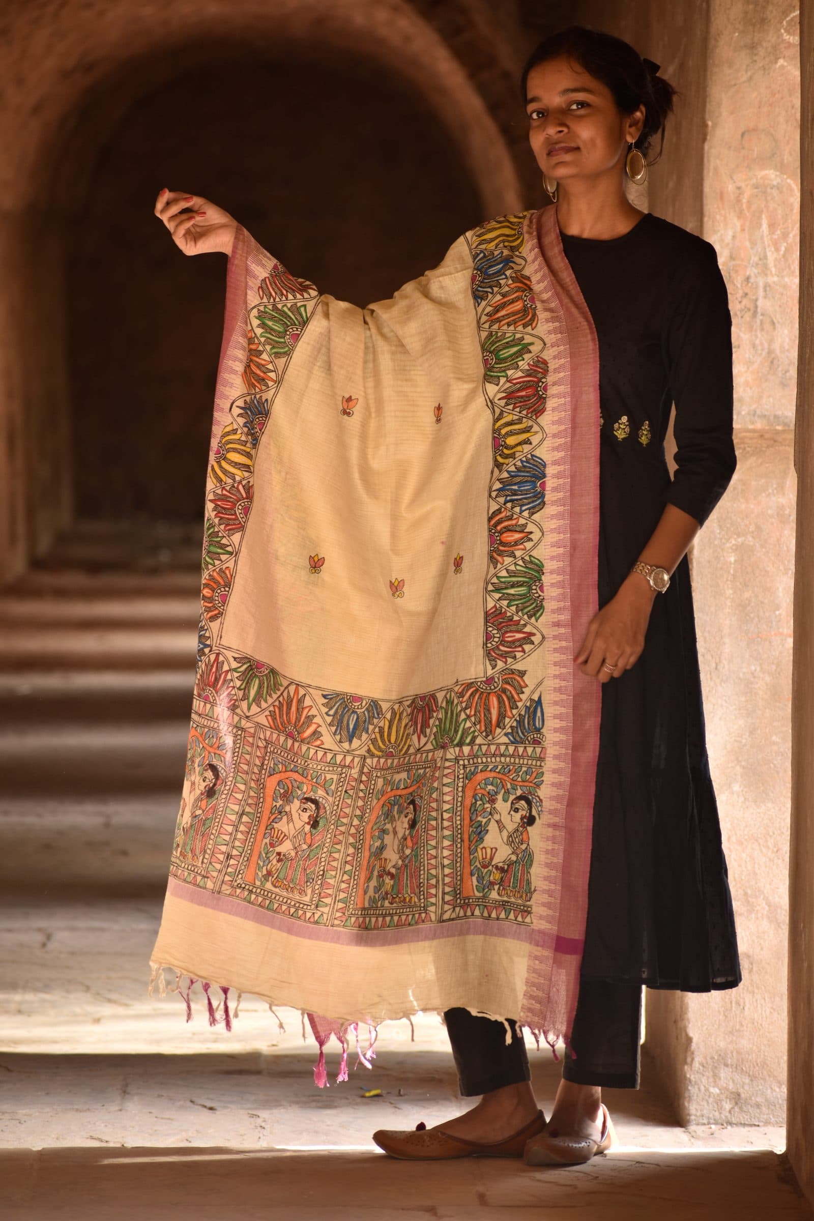 Madhubani Harini Hand-Painted Cotton Dupatta image 3