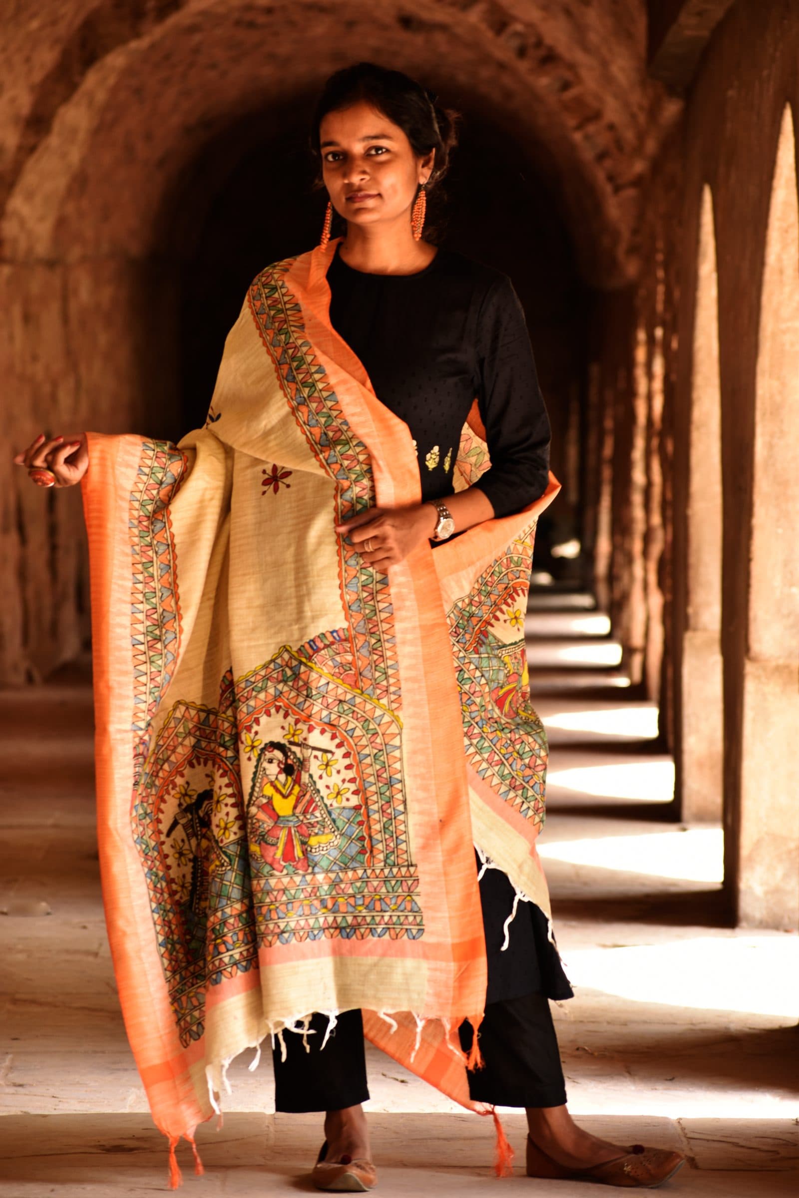 Madhubani Handpainted Cotton Garba Raas Dupatta image 1