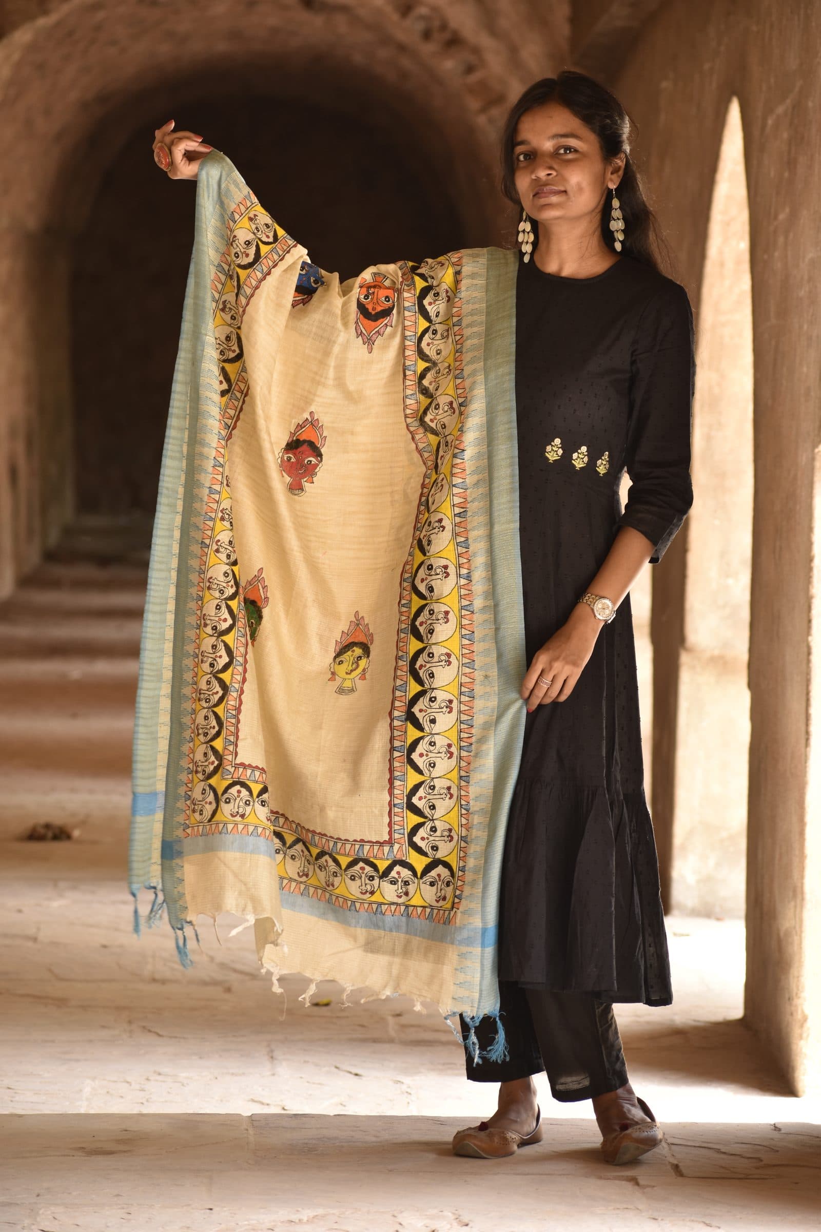 Madhubani Hand-Painted Durga Cotton Dupatta image 4