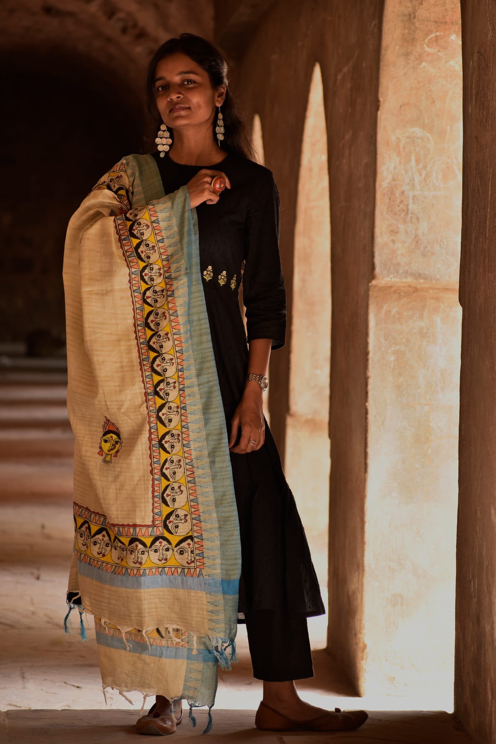 Madhubani Hand-Painted Durga Cotton Dupatta image 3