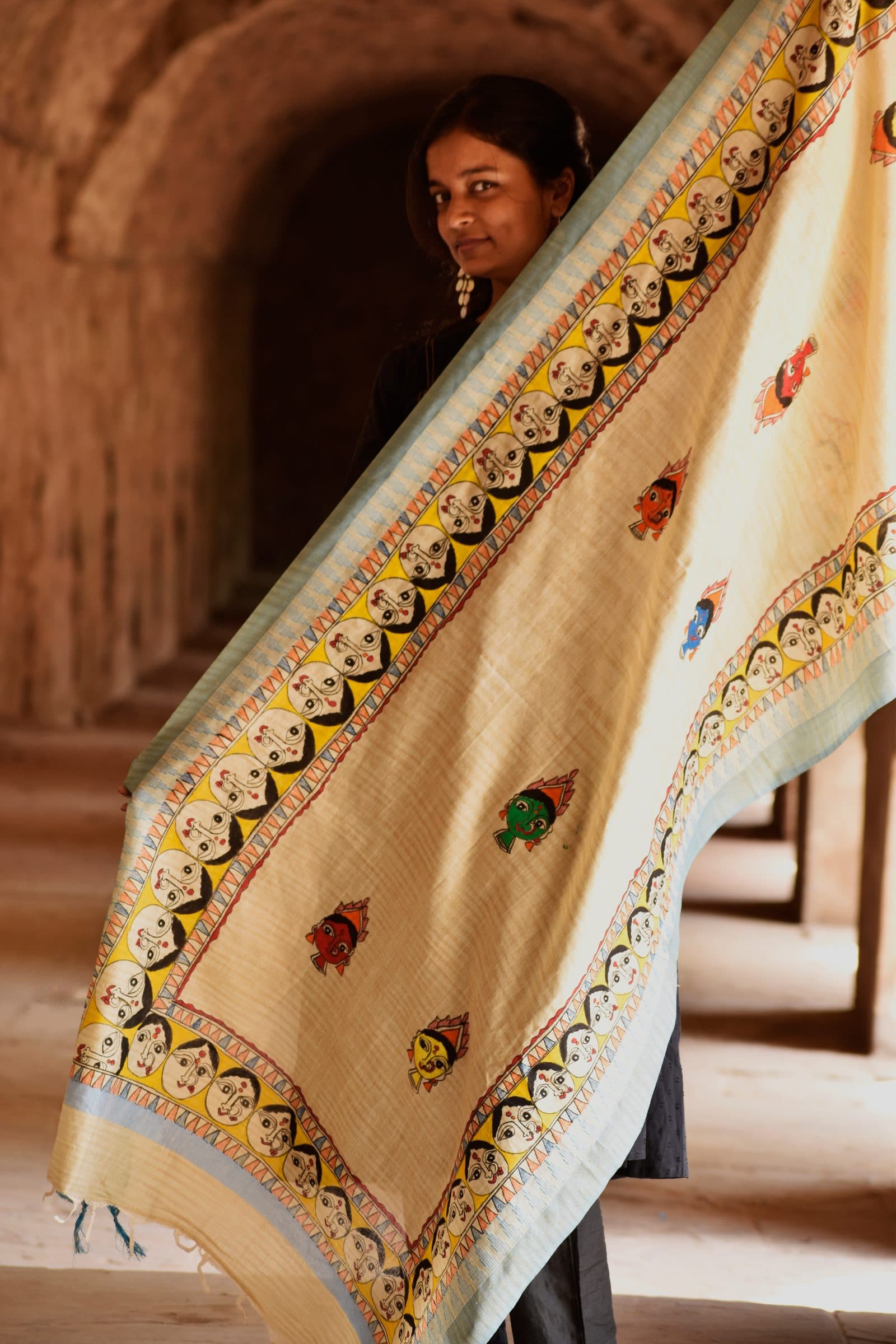 Madhubani Hand-Painted Durga Cotton Dupatta image 2
