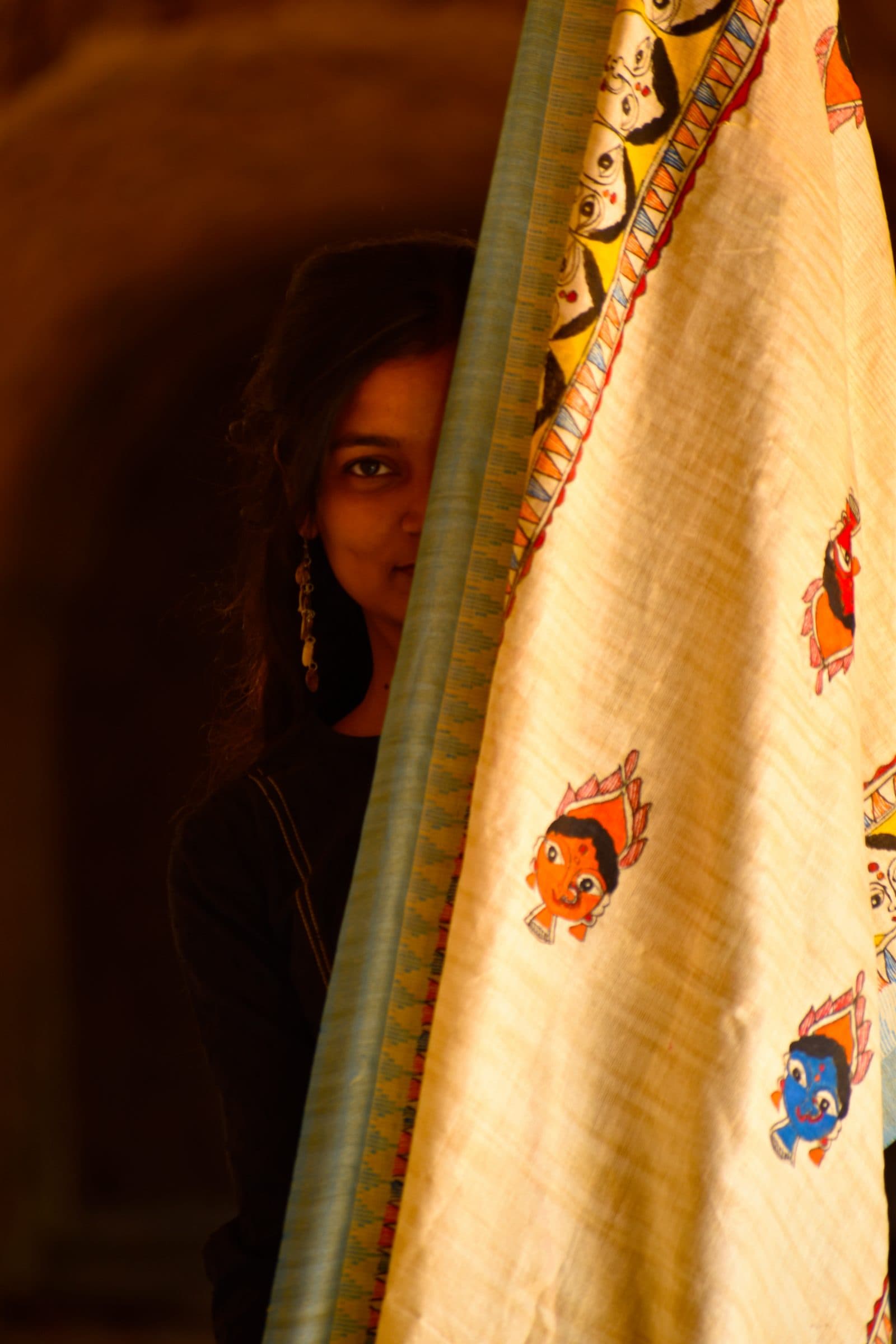 Madhubani Hand-Painted Durga Cotton Dupatta image 1