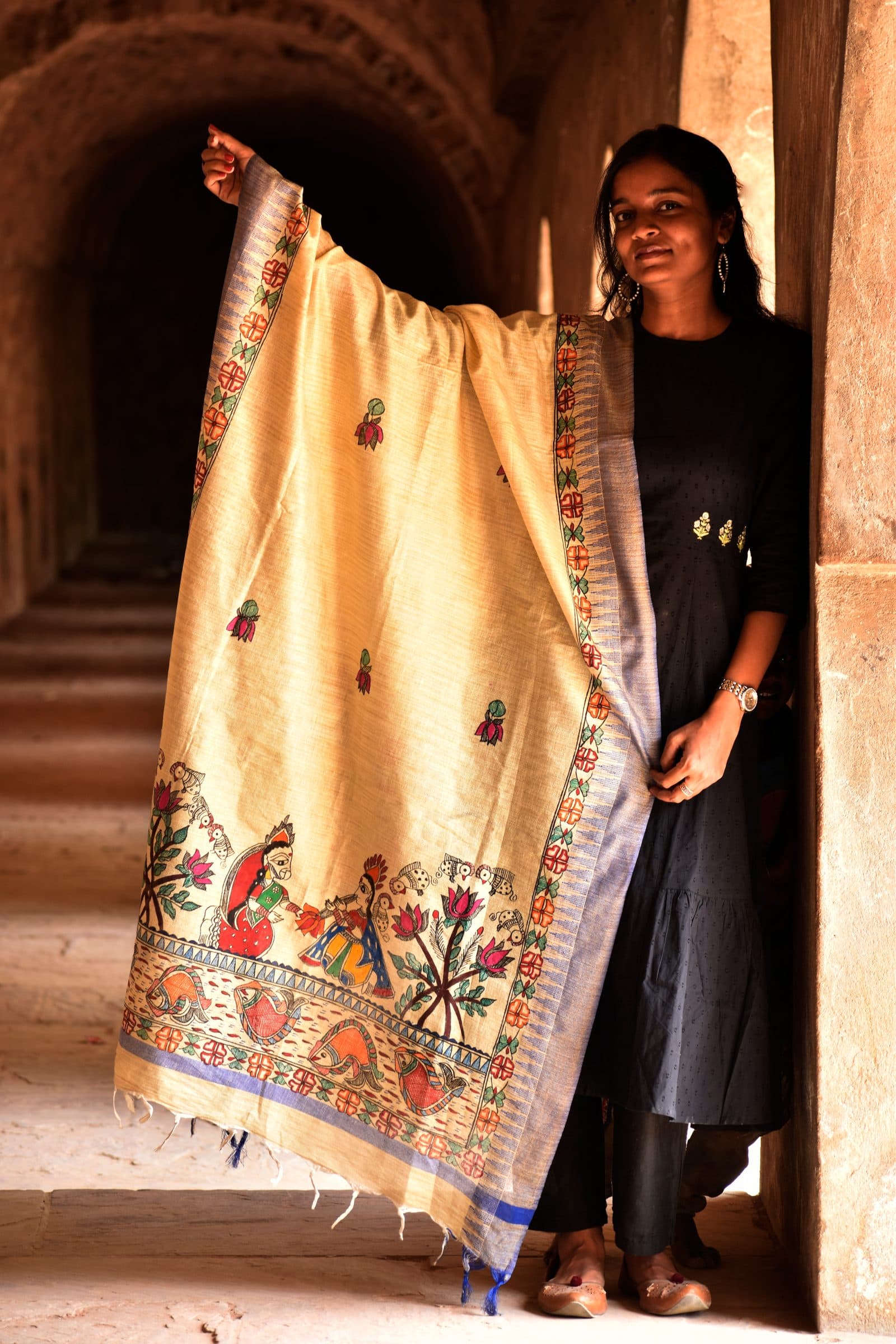 Madhubani Hand-Painted Radha Krishna Cotton Dupatta image 4