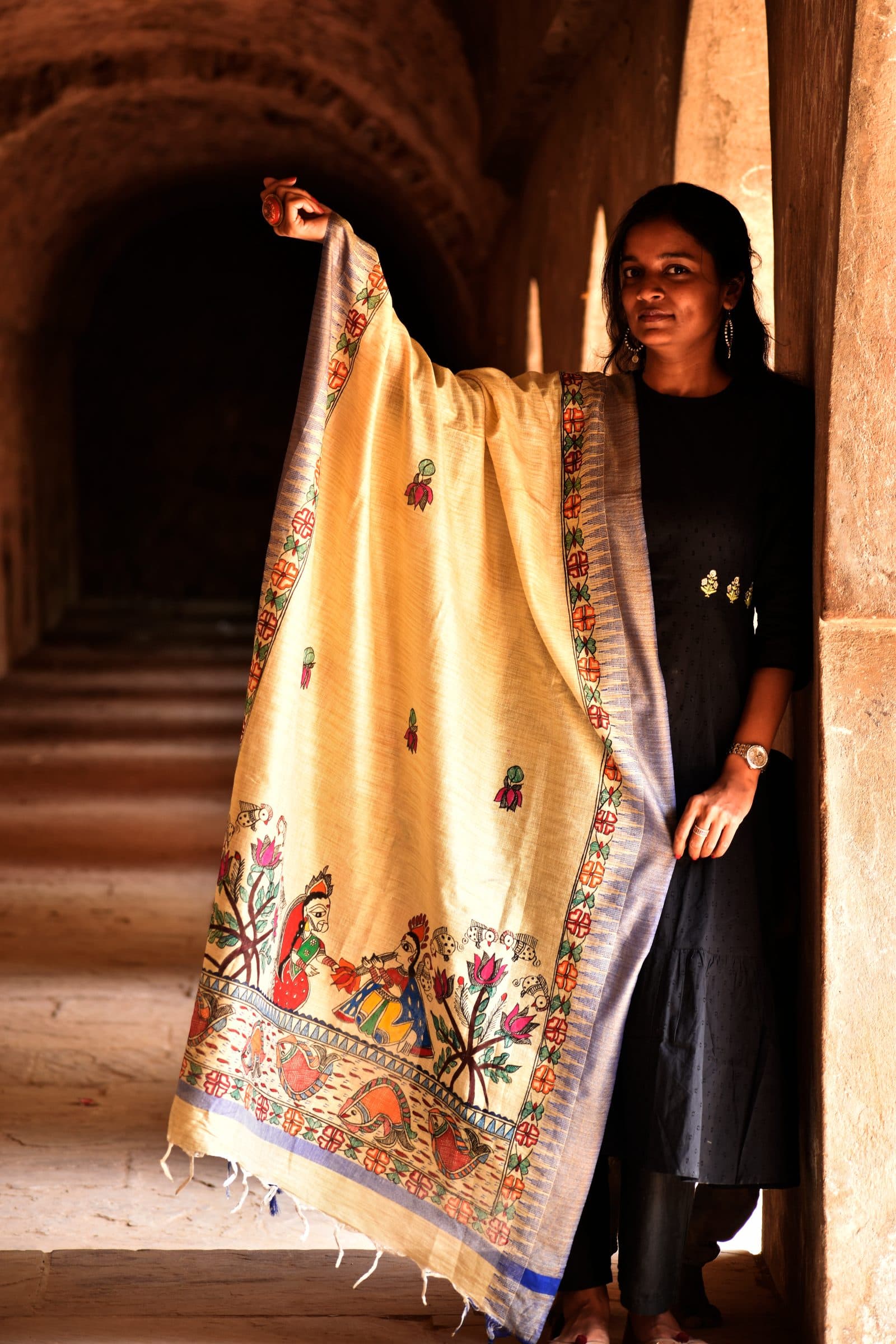 Madhubani Hand-Painted Radha Krishna Cotton Dupatta image 3