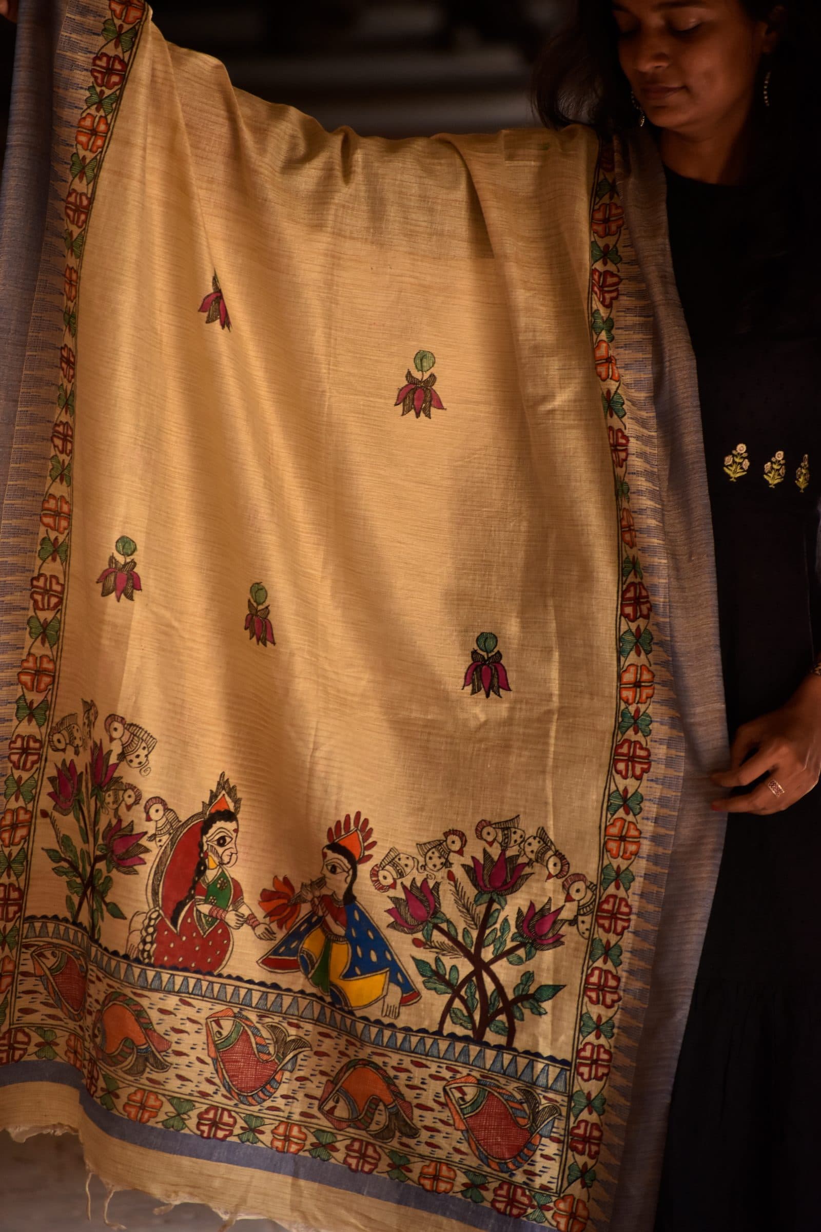 Madhubani Hand-Painted Radha Krishna Cotton Dupatta image 5
