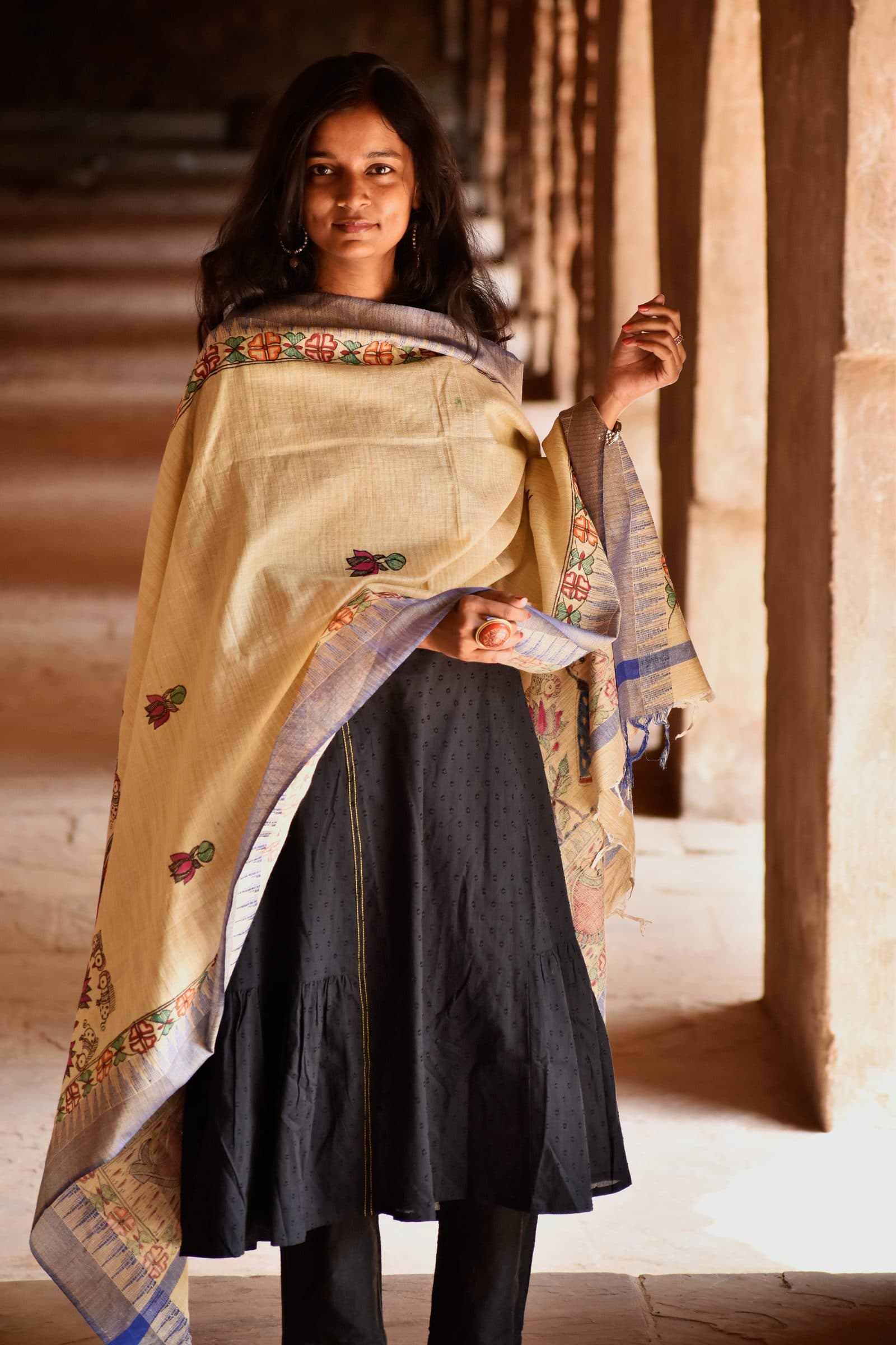 Madhubani Hand-Painted Radha Krishna Cotton Dupatta image 1