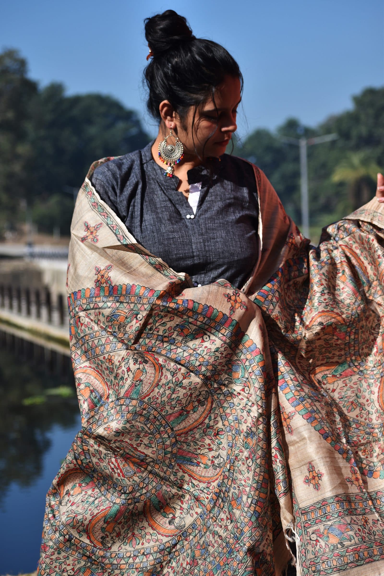 Madhubani Hand-Painted Tussar Silk Dupatta image 1