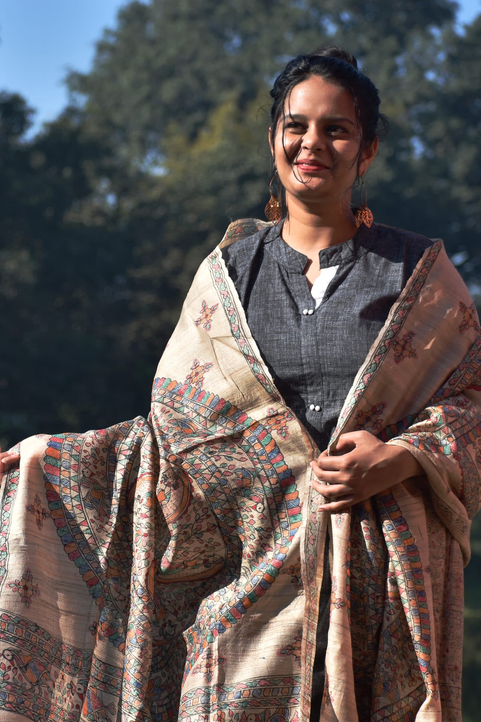 Madhubani Hand-Painted Tussar Silk Dupatta image 3