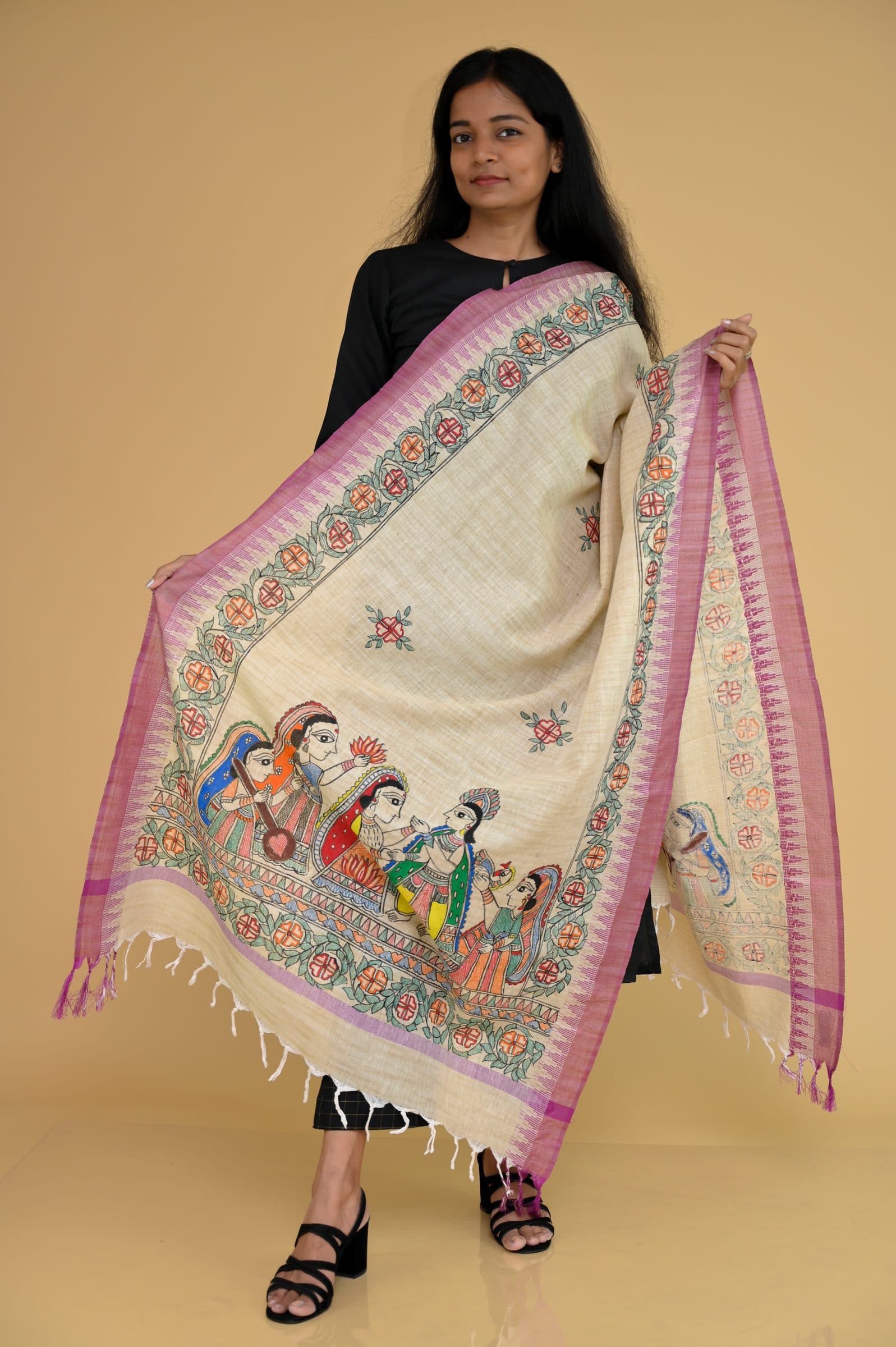 Madhubani Handpainted Gopiyan Cotton Dupatta image 1