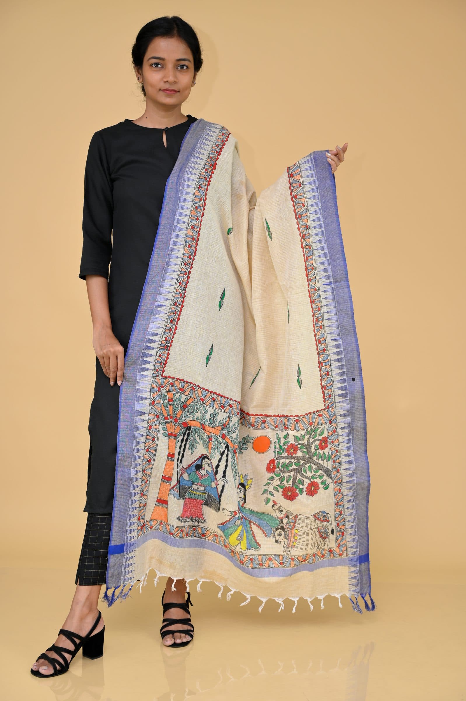 Handpainted Radhakrishna Madhubani Cotton Dupatta image 1