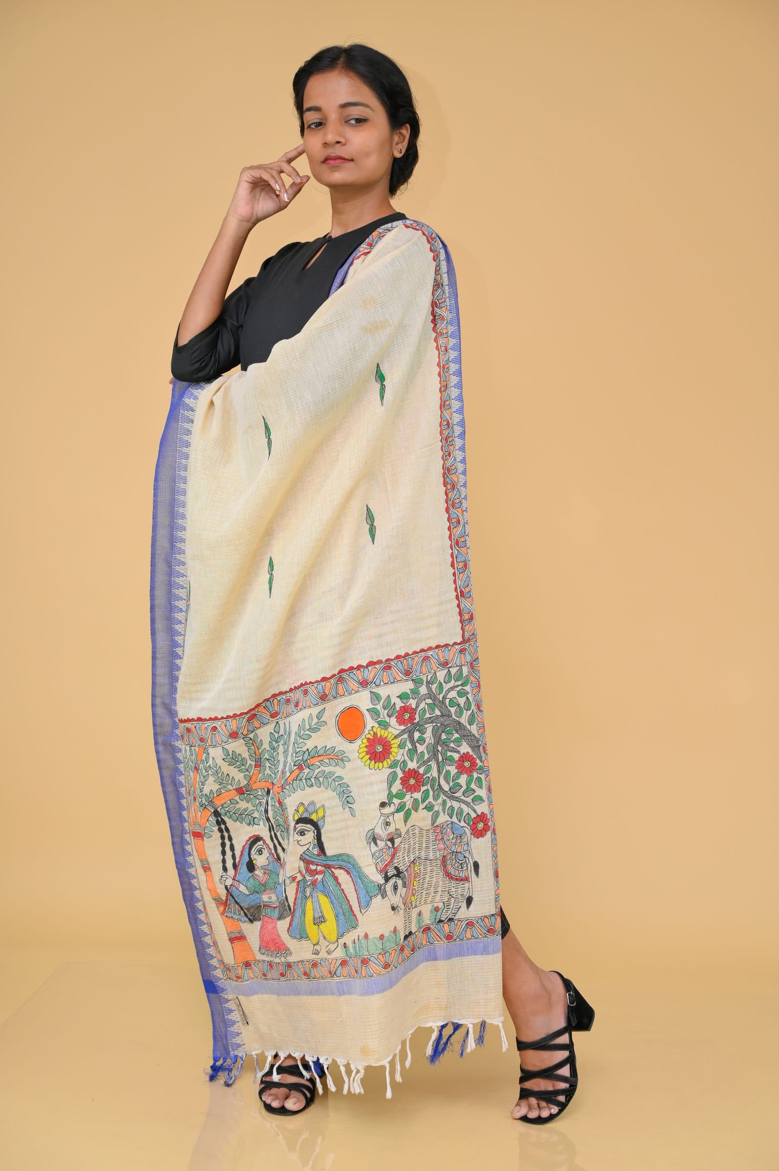 Handpainted Radhakrishna Madhubani Cotton Dupatta image 2