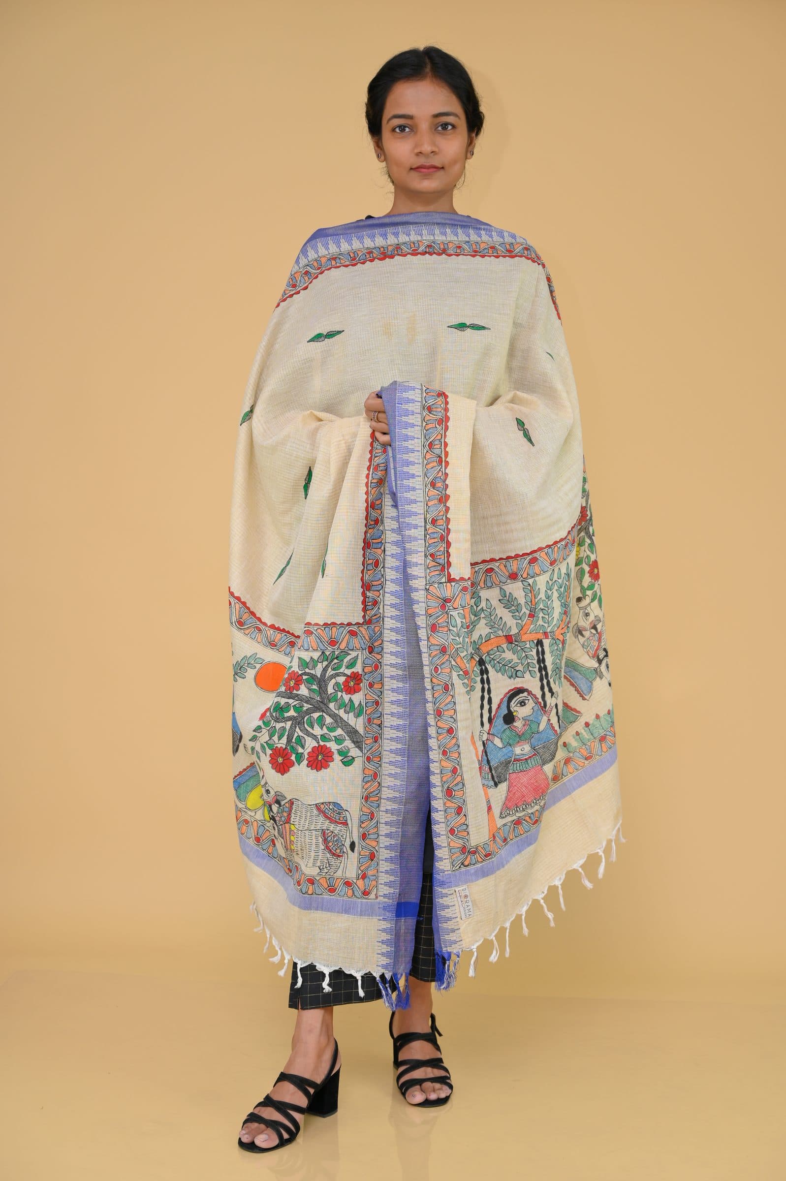 Handpainted Radhakrishna Madhubani Cotton Dupatta image 3