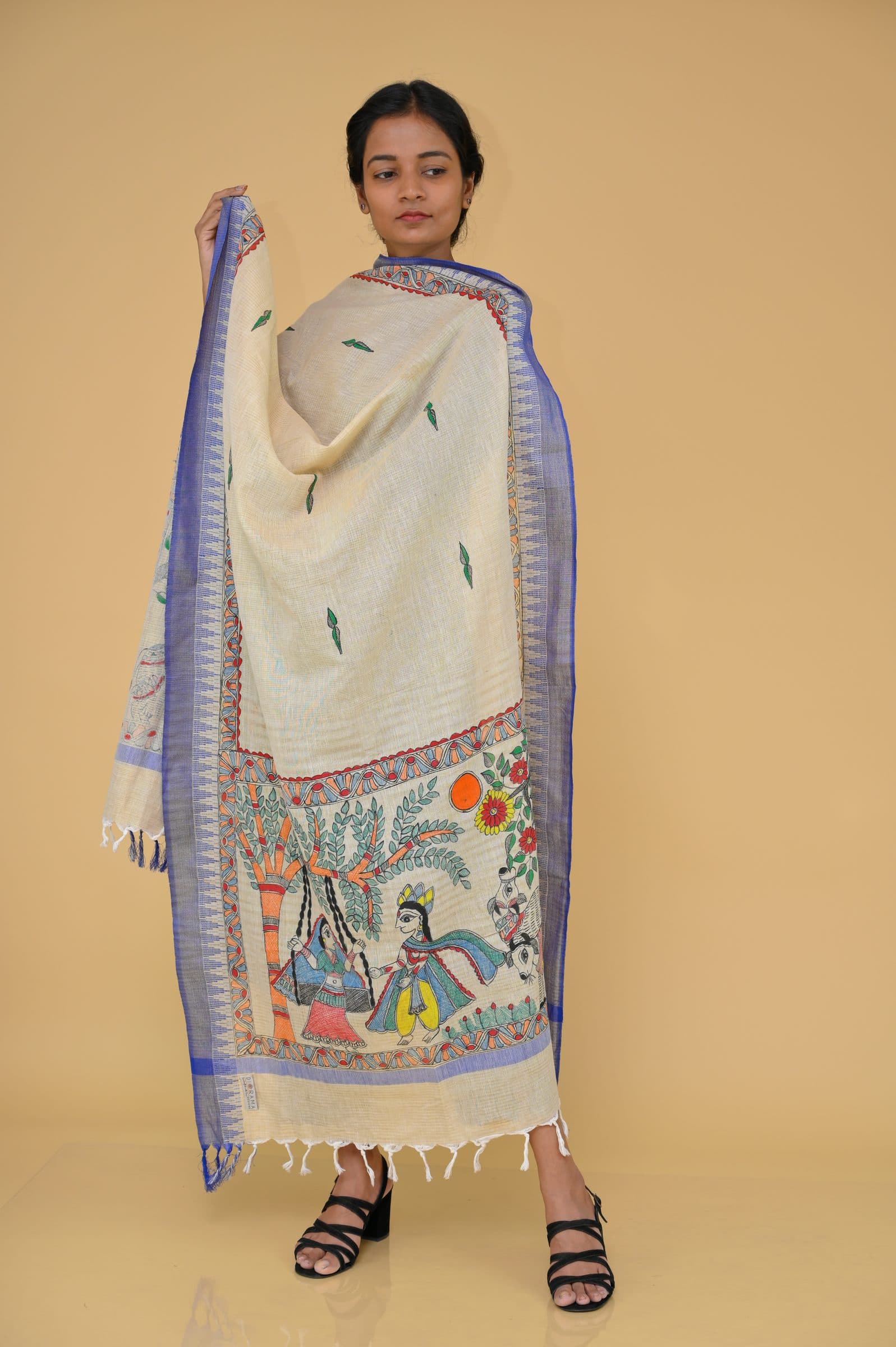 Handpainted Radhakrishna Madhubani Cotton Dupatta image 4