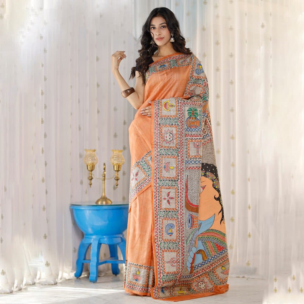 Madhubani Hand-Painted Shiv Parvati Tussar Silk Saree image 2