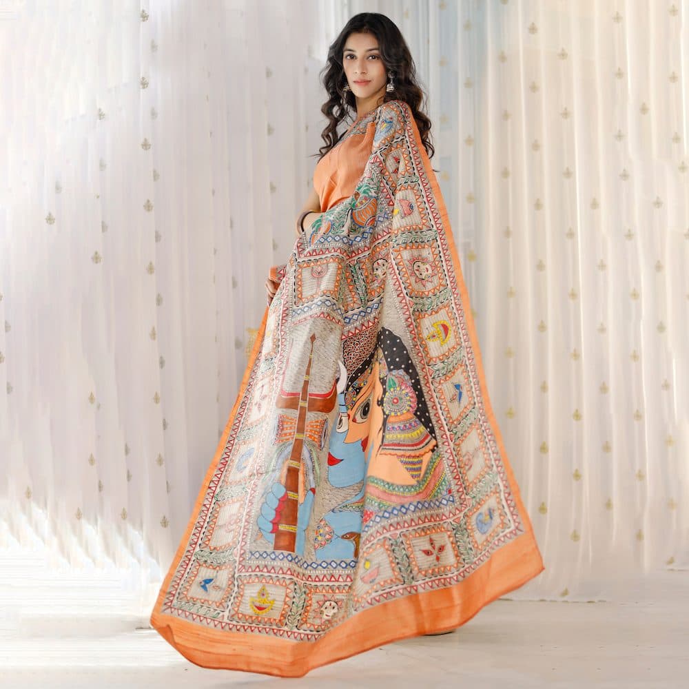 Madhubani Hand-Painted Shiv Parvati Tussar Silk Saree image 3