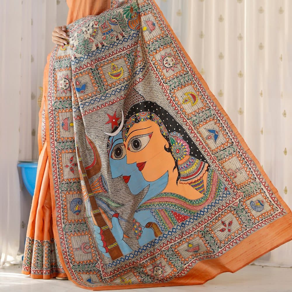 Madhubani Hand-Painted Shiv Parvati Tussar Silk Saree image 4