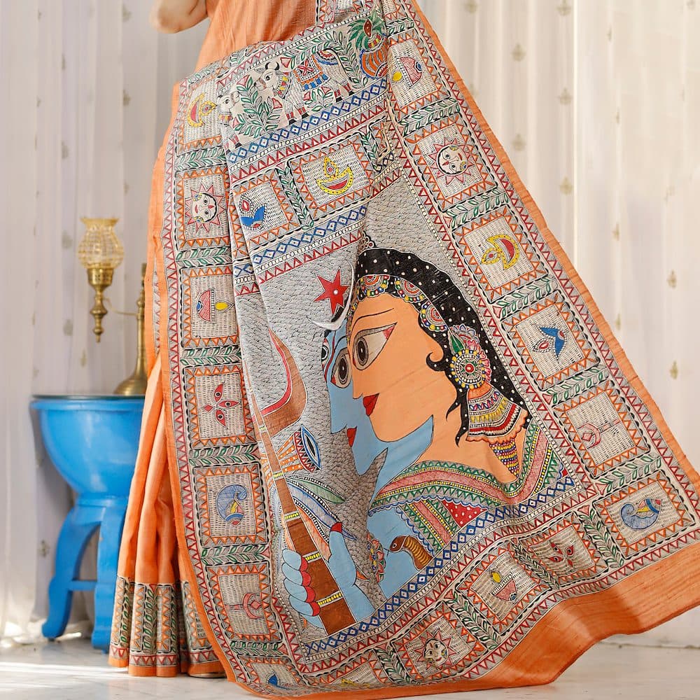 Madhubani Hand-Painted Shiv Parvati Tussar Silk Saree image 1
