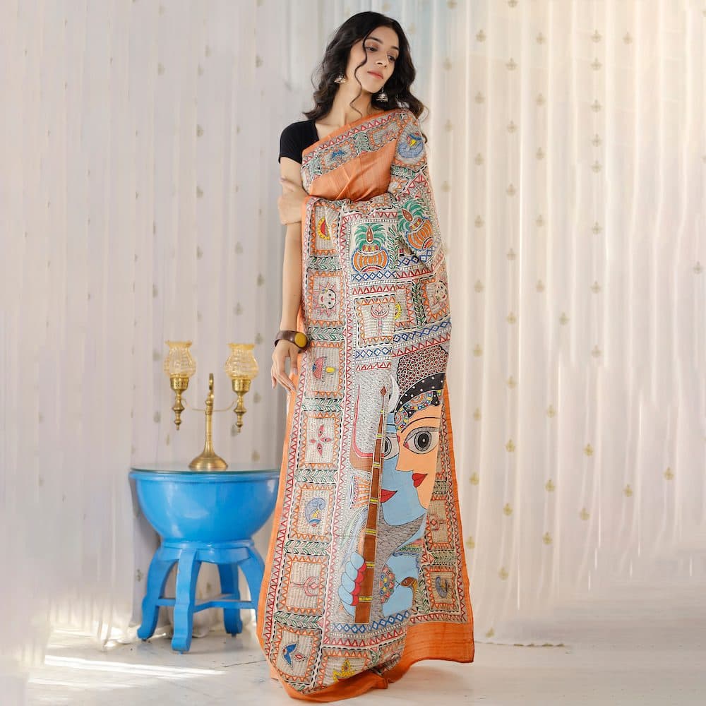 Madhubani Hand-Painted Shiv Parvati Tussar Silk Saree image 5