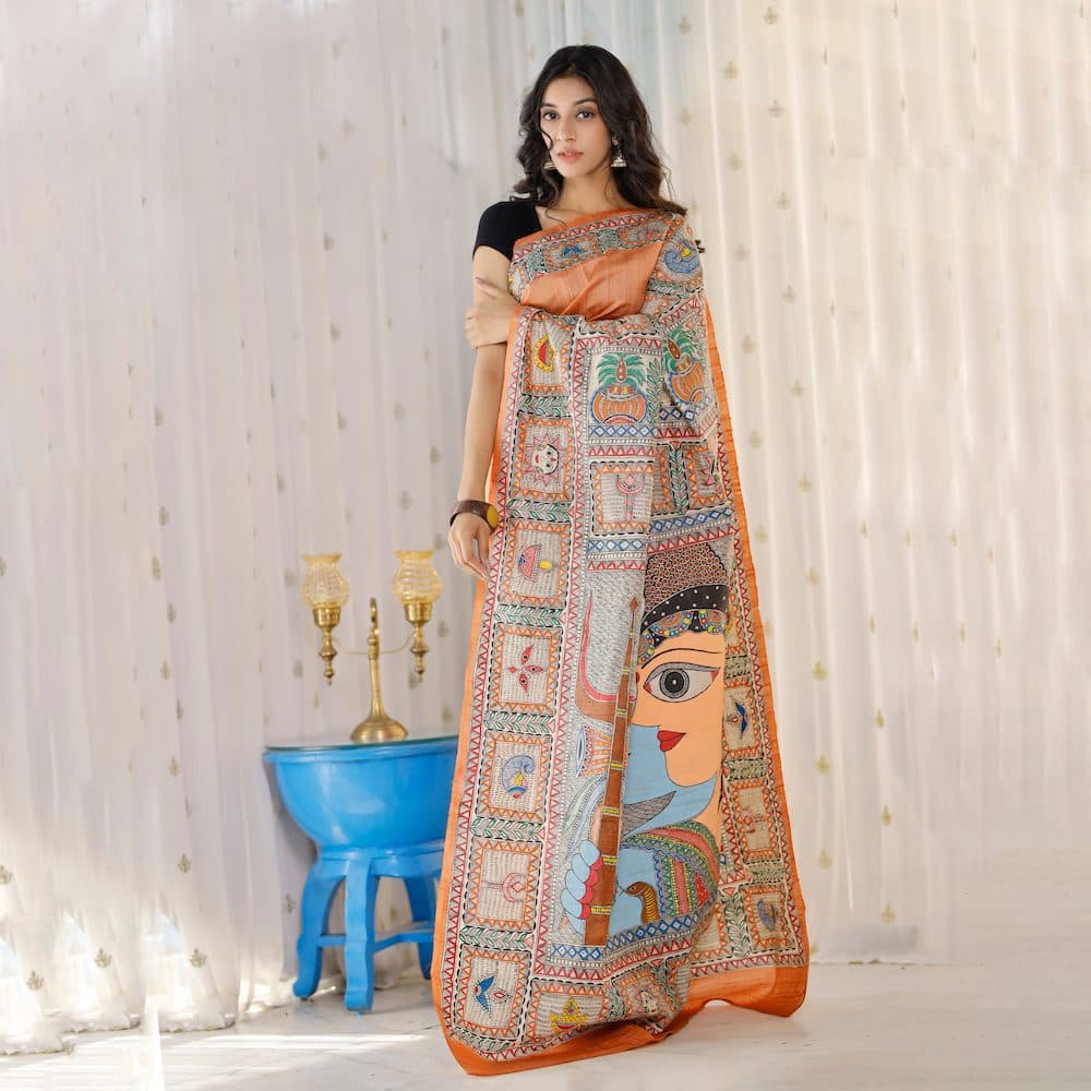 Madhubani Hand-Painted Shiv Parvati Tussar Silk Saree image 6