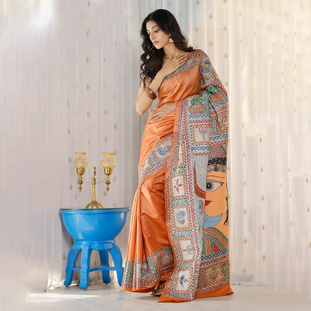 Madhubani Hand-Painted Shiv Parvati Tussar Silk Saree image 7