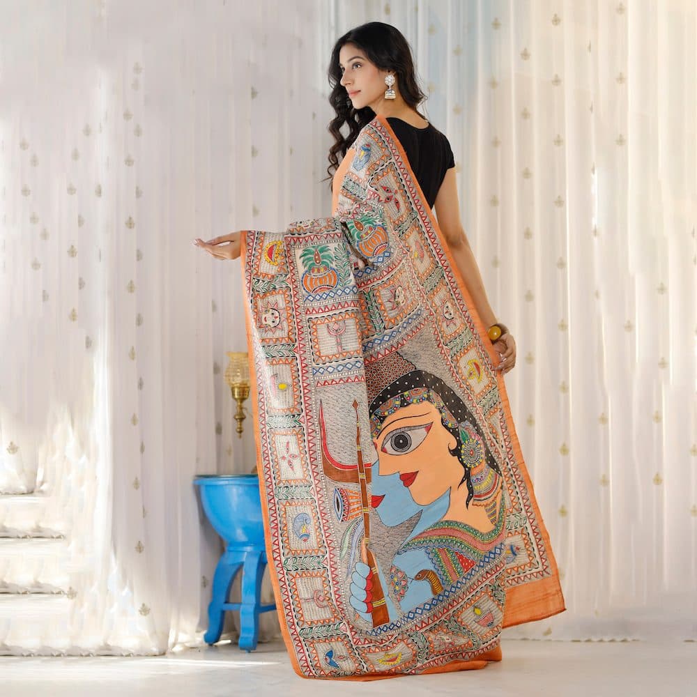 Madhubani Hand-Painted Shiv Parvati Tussar Silk Saree image 8